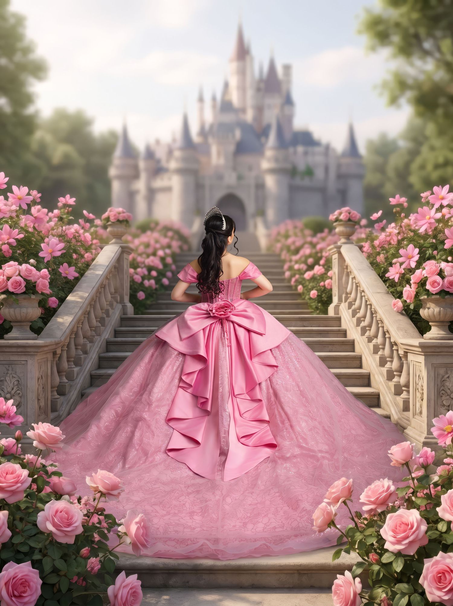 A girl in a pink ballgown with bow walks up stone steps toward a fairy tale castle surrounded by blooming pink roses.