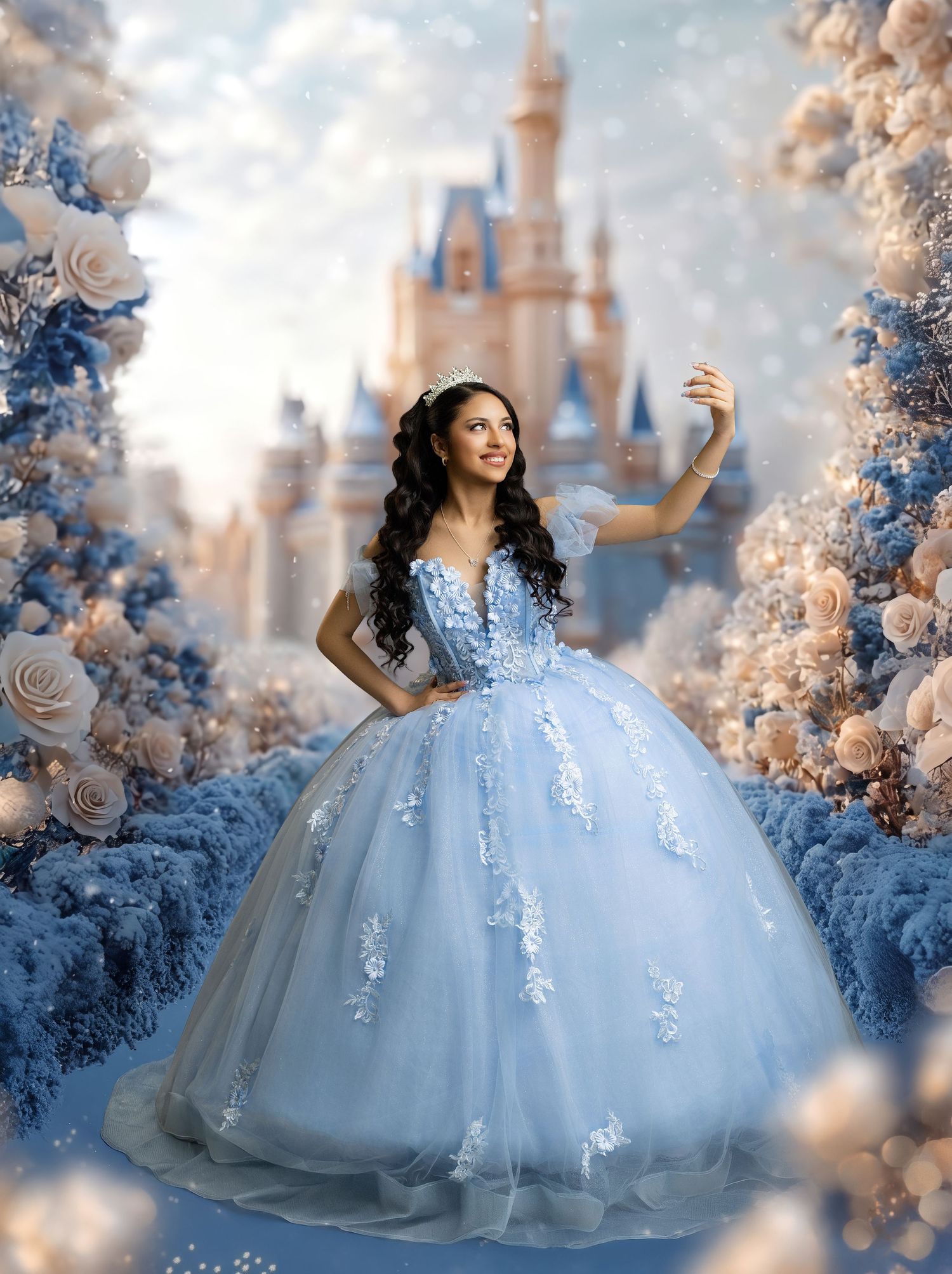 Young woman in a light blue ballgown quinceañera dress poses before a fairy tale castle backdrop.