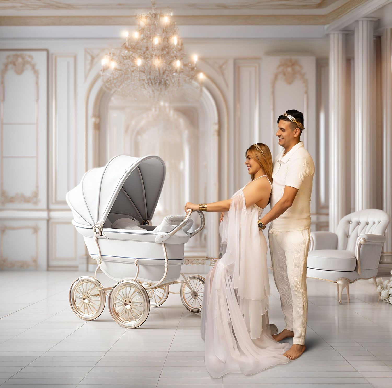 Elegant couple with baby carriage in luxurious white room with chandelier, maternity photo shoot.