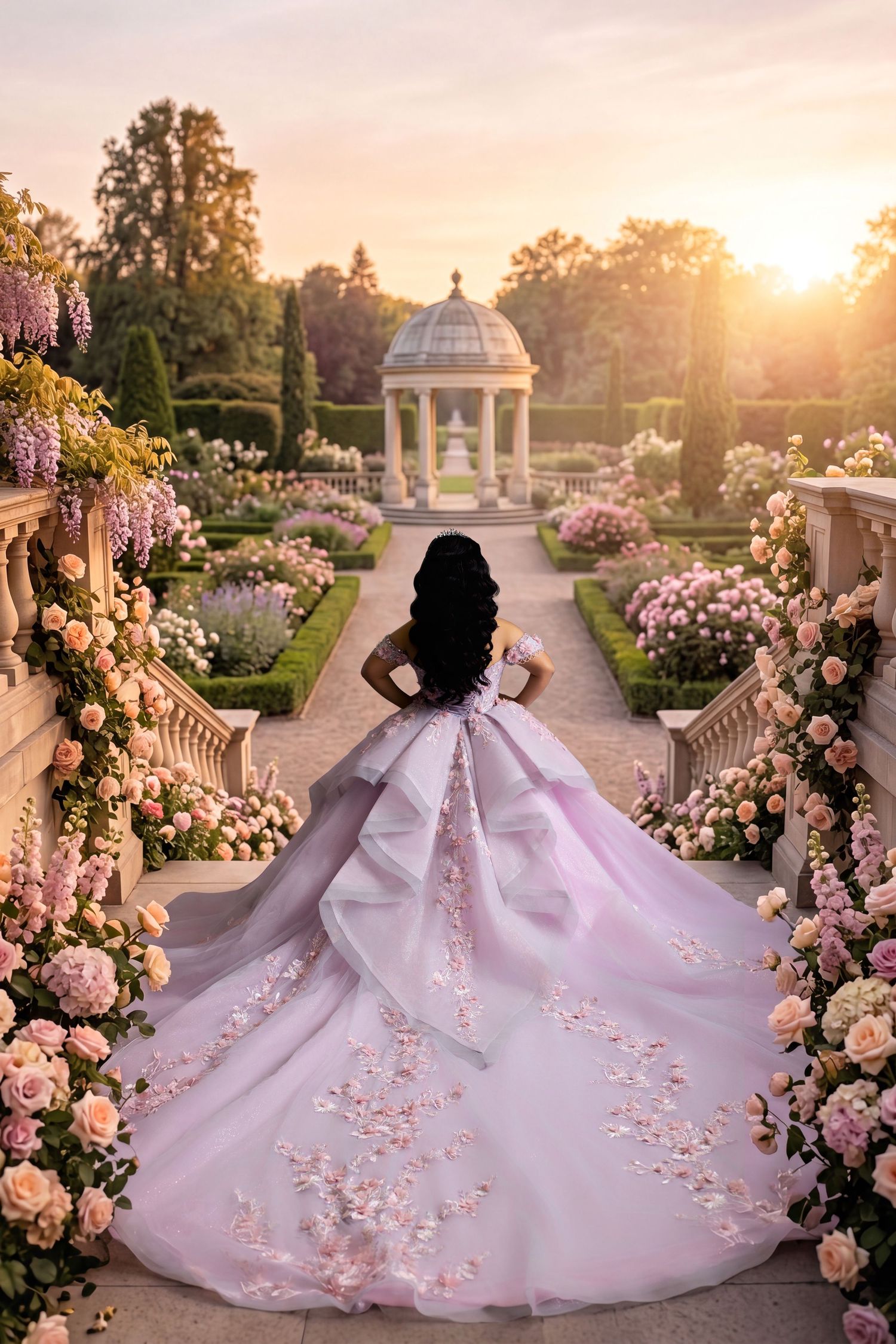 Woman in pink floral ballgown stands in rose garden at sunset near white gazebo.