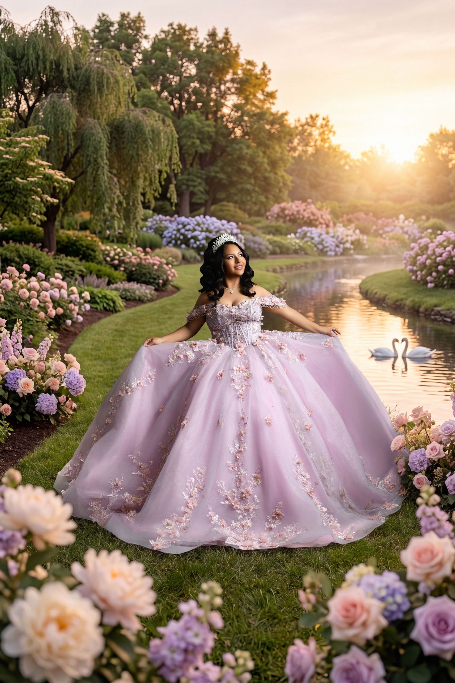 A woman in a pink floral ball gown poses in a garden at sunset near a swan pond.