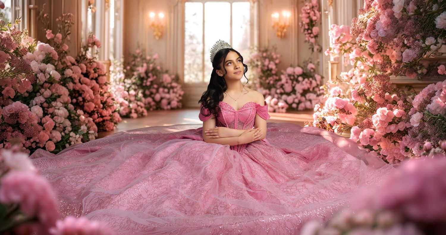 A young woman in a pink ball gown sits gracefully surrounded by lush pink floral arrangements in an elegant room.