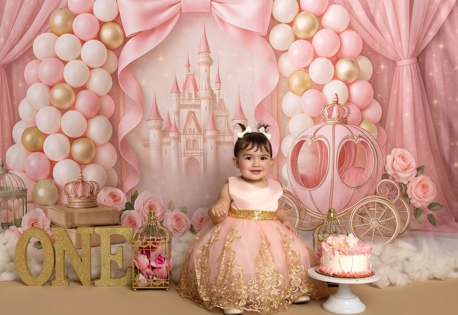Baby girl in gold dress sits before a pink princess castle backdrop with balloons, carriage, and a first birthday cake.