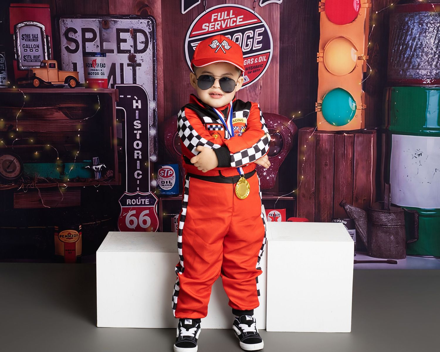 Toddler in orange racing suit with checkered flag details, sunglasses, and gold medal poses in a garage-themed photo set.