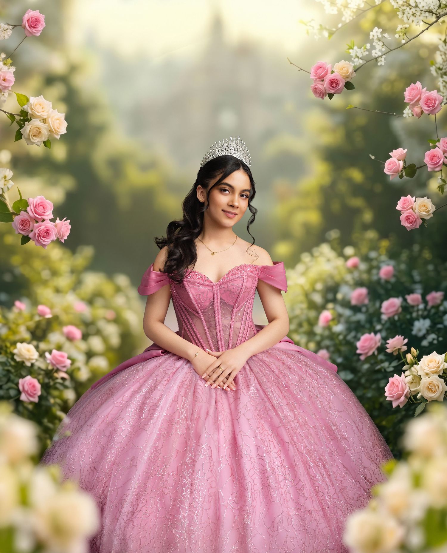 Young woman in pink ball gown with tiara poses in a rose garden for a quinceañera portrait.