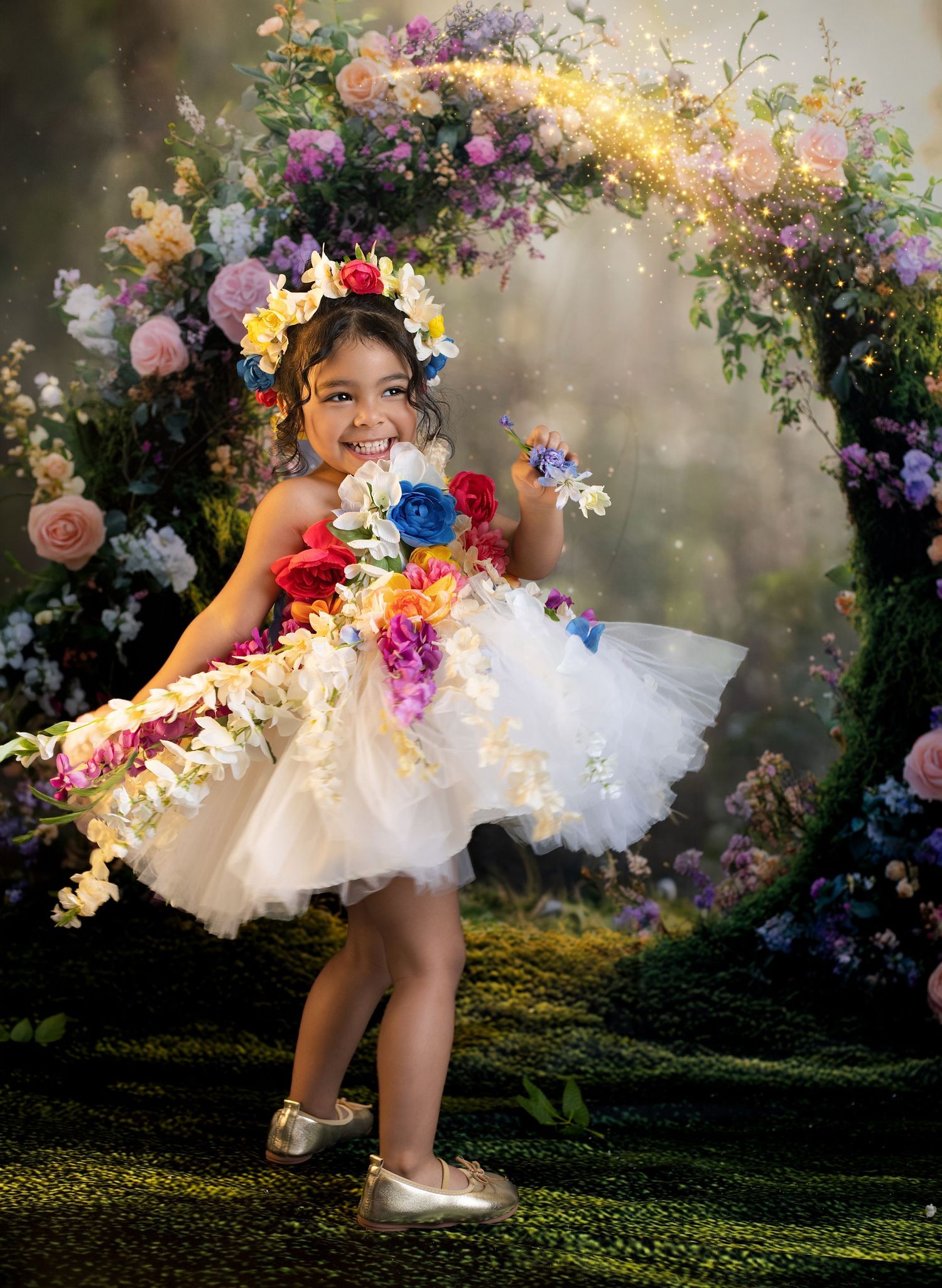 Young girl in white tutu dress with colorful flowers poses joyfully before a magical floral arch backdrop.