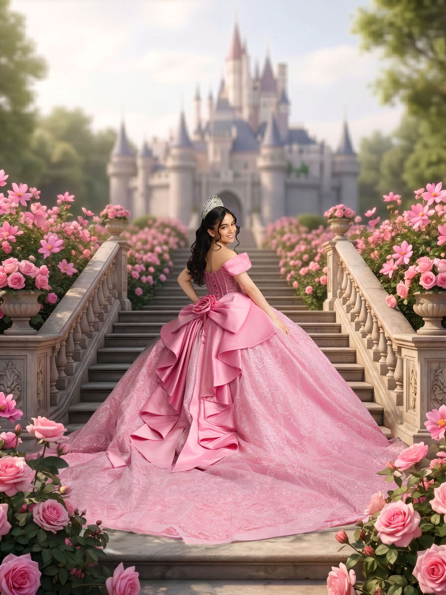 A young woman in a pink ball gown with tiara poses on rose-lined stairs before a fairytale castle.