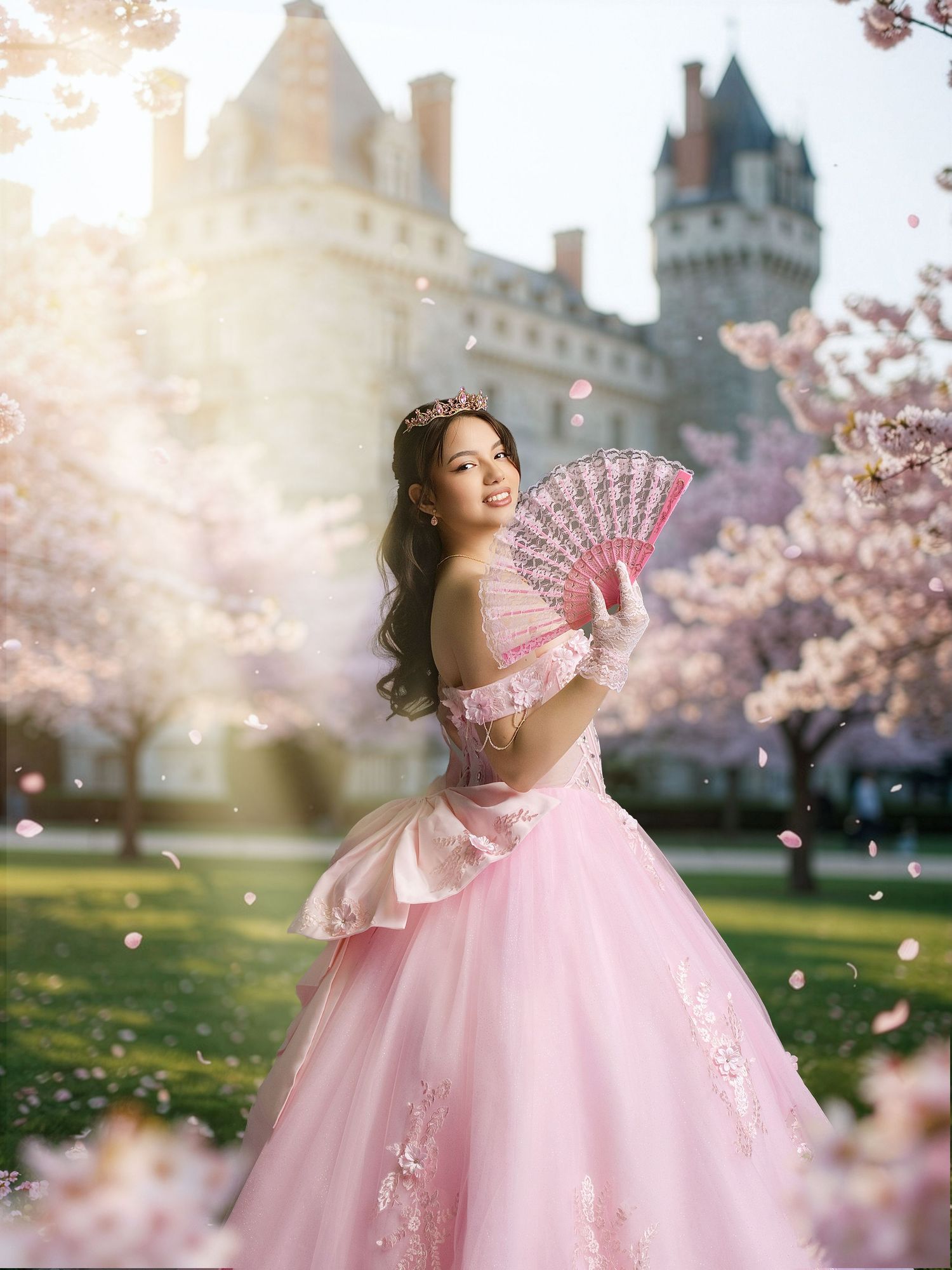 A young woman in a pink ball gown and tiara holds a floral fan amid cherry blossoms near a castle.