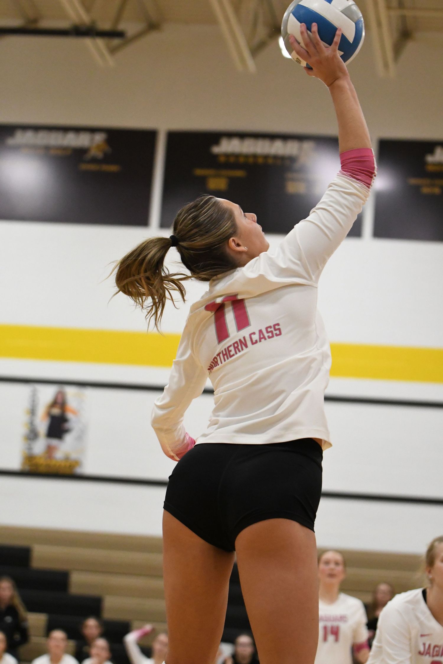 Volleyball player jumps to serve the ball during an indoor match.