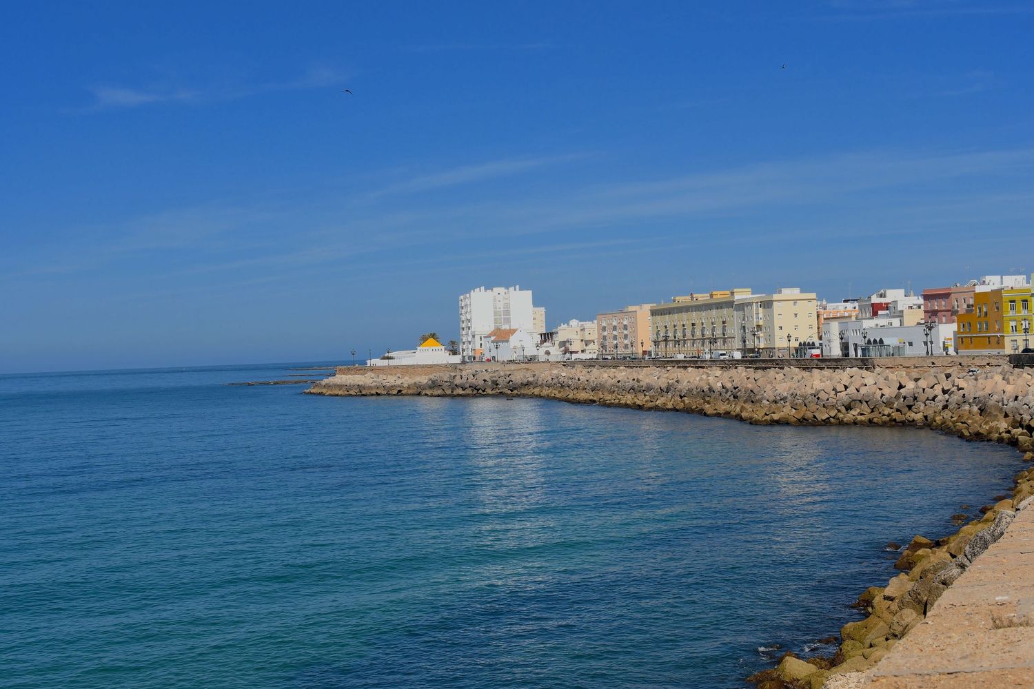 Coastal cityscape with white buildings and blue Mediterranean waters in Cadiz, Spain.