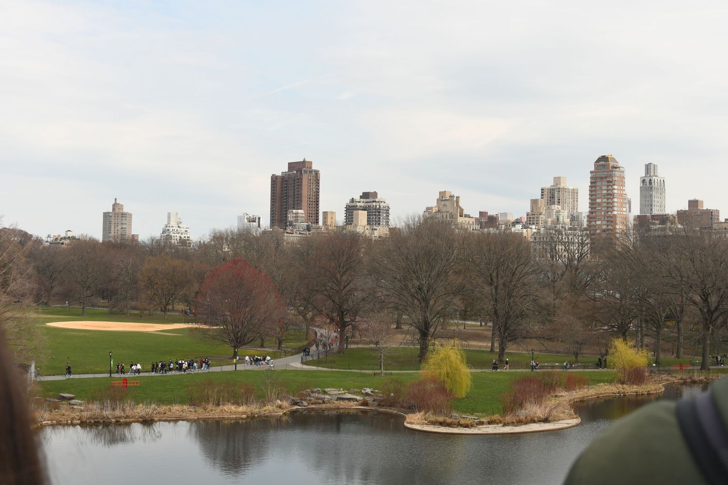 Panoramic view of Central Park and surrounding Manhattan skyline on an overcast day.