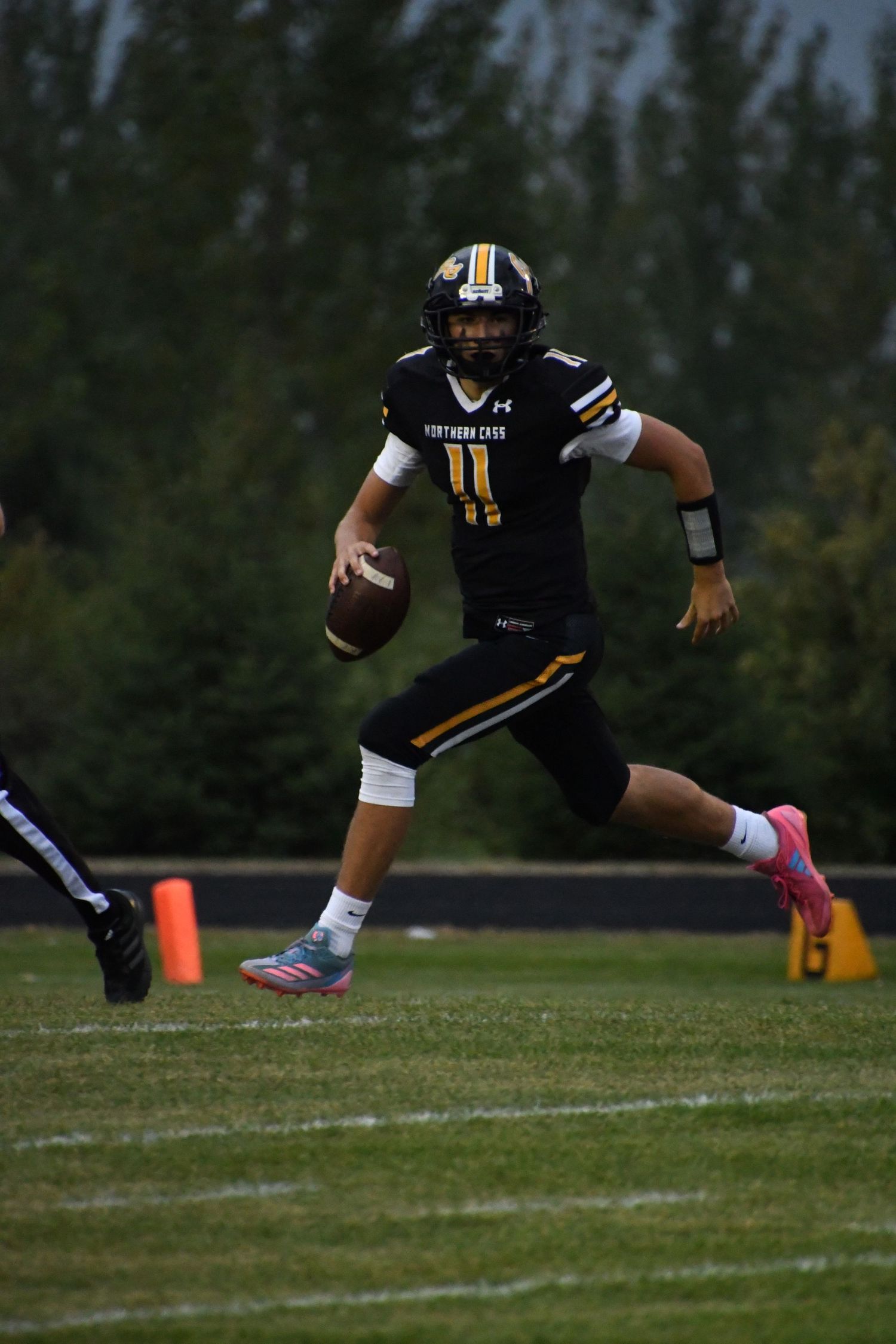 Football player in black and gold uniform runs with the ball on a grass field during a game.