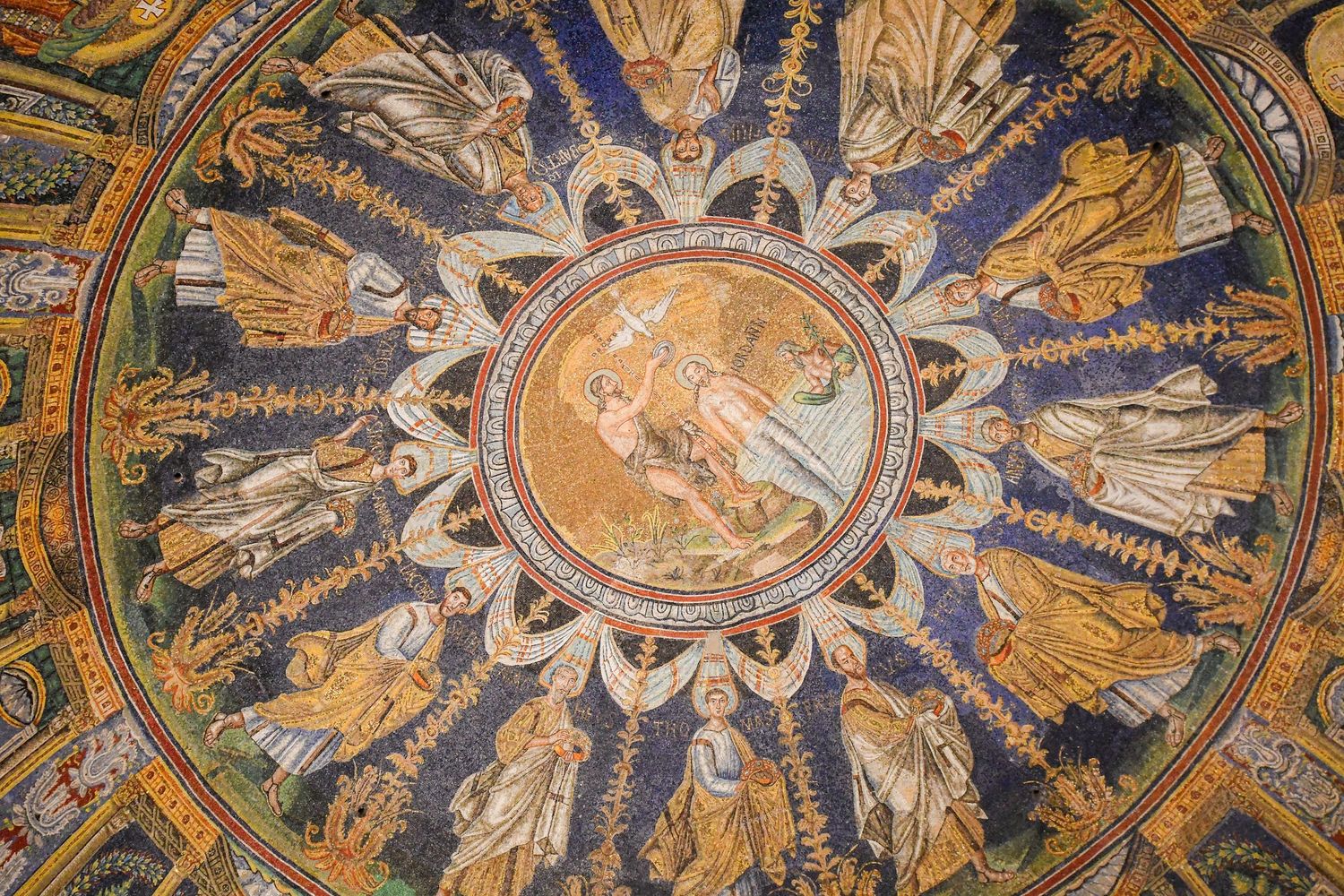 Ornate Byzantine mosaic ceiling with religious figures and golden details in a church dome.