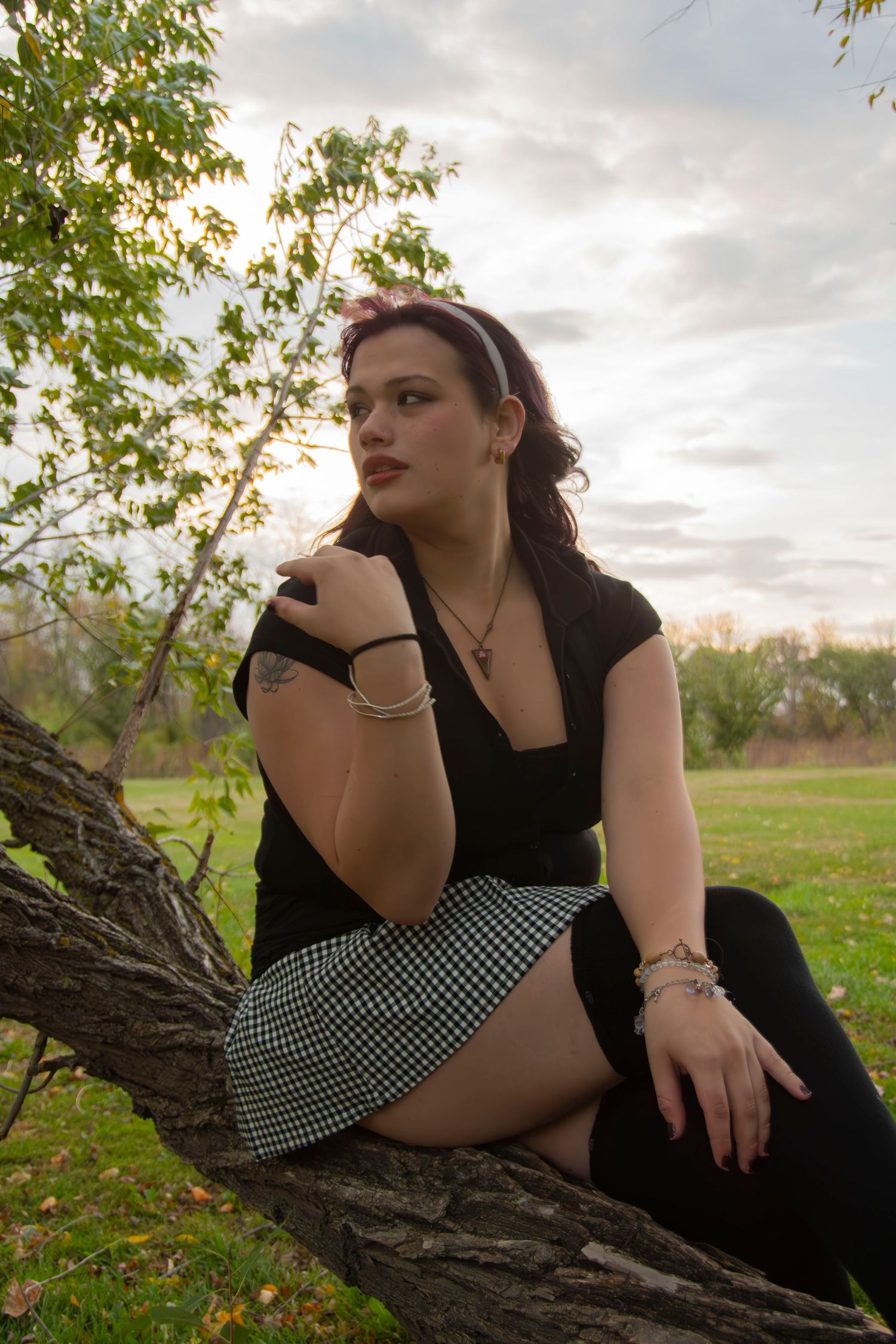 A person in a black dress and checkered top poses thoughtfully on a fallen tree branch at sunset in a rural field.