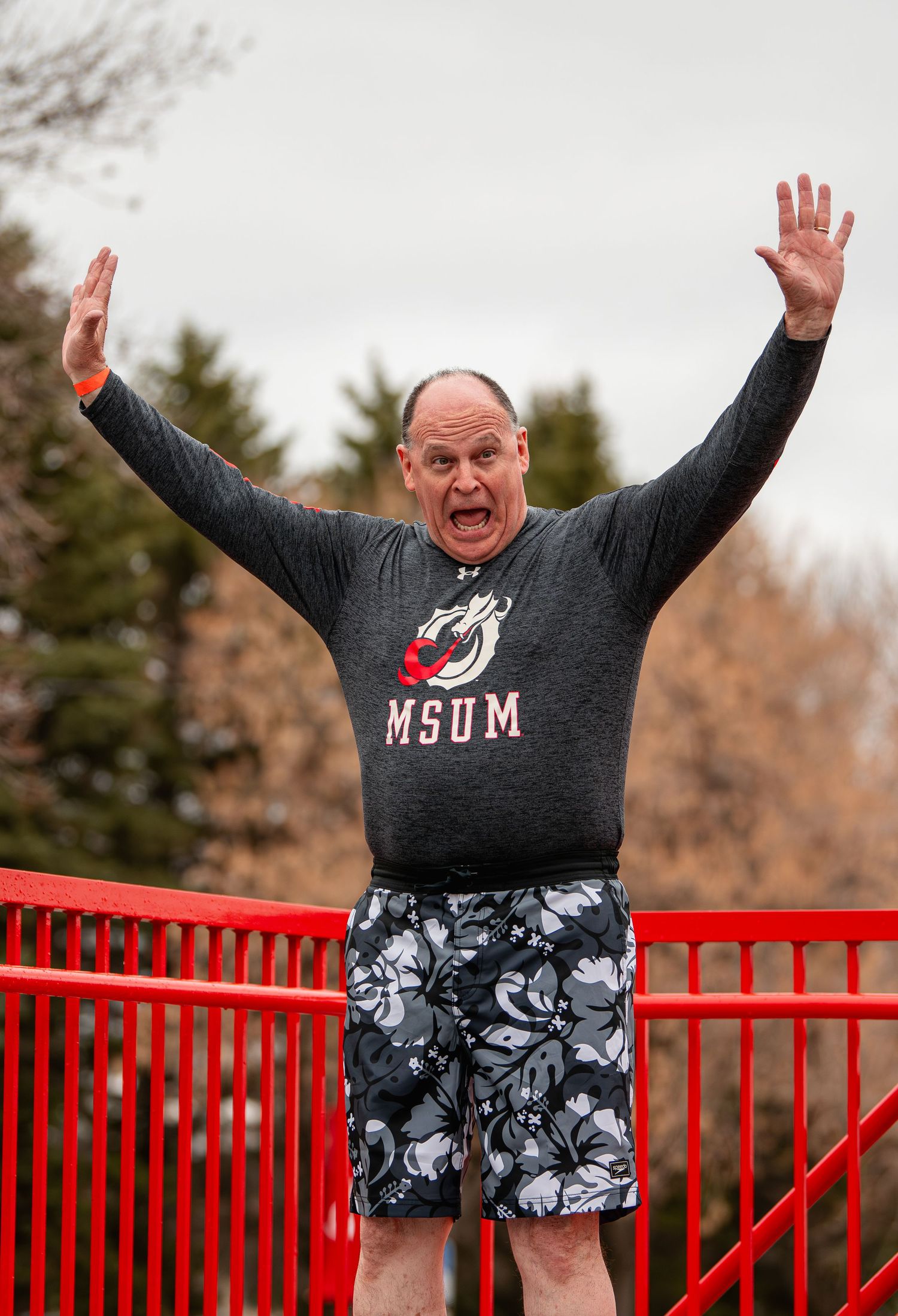 Man in MSUM shirt raises arms triumphantly on red bridge outdoors in cool weather wearing floral shorts.