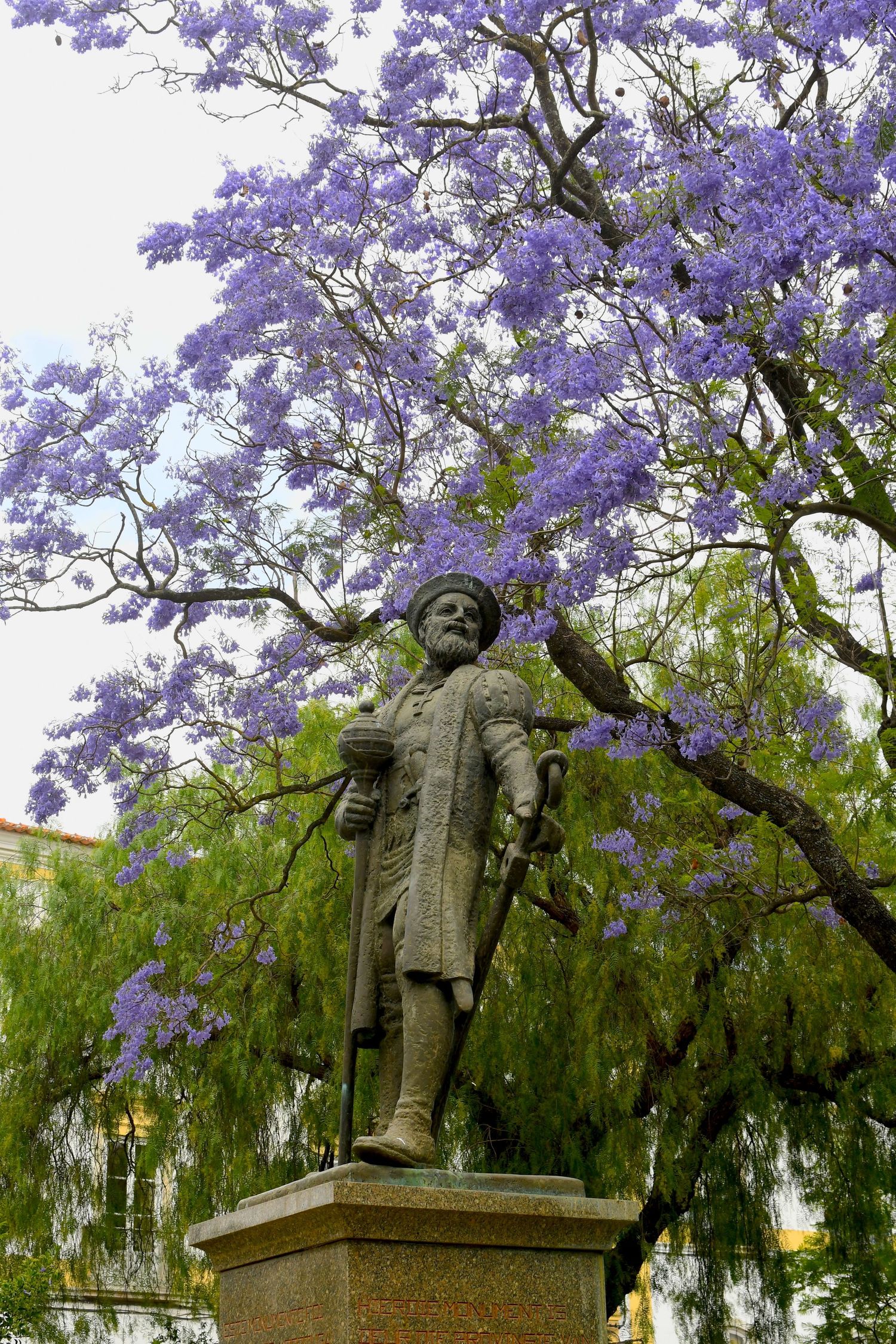 Stone monuments under blooming purple jacaranda trees in a park setting.