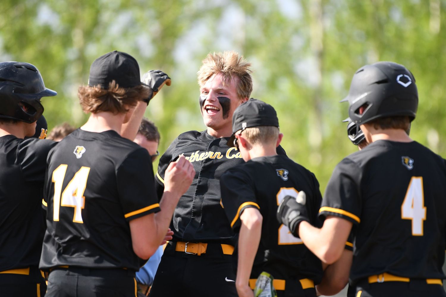 Baseball team in black and gold uniforms celebrates together on the field.