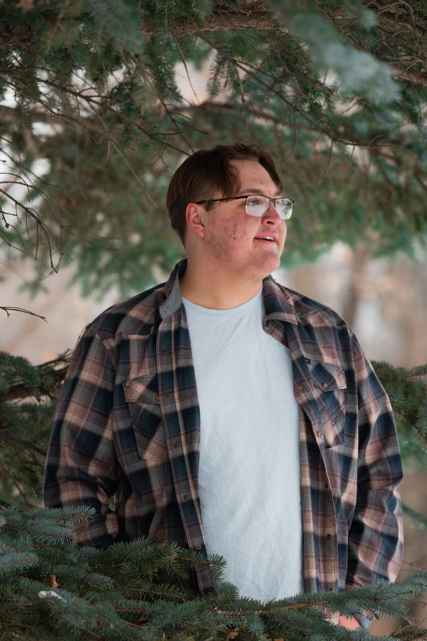 Person in a brown plaid flannel shirt and white t-shirt poses against evergreen branches in a casual outdoor portrait series.