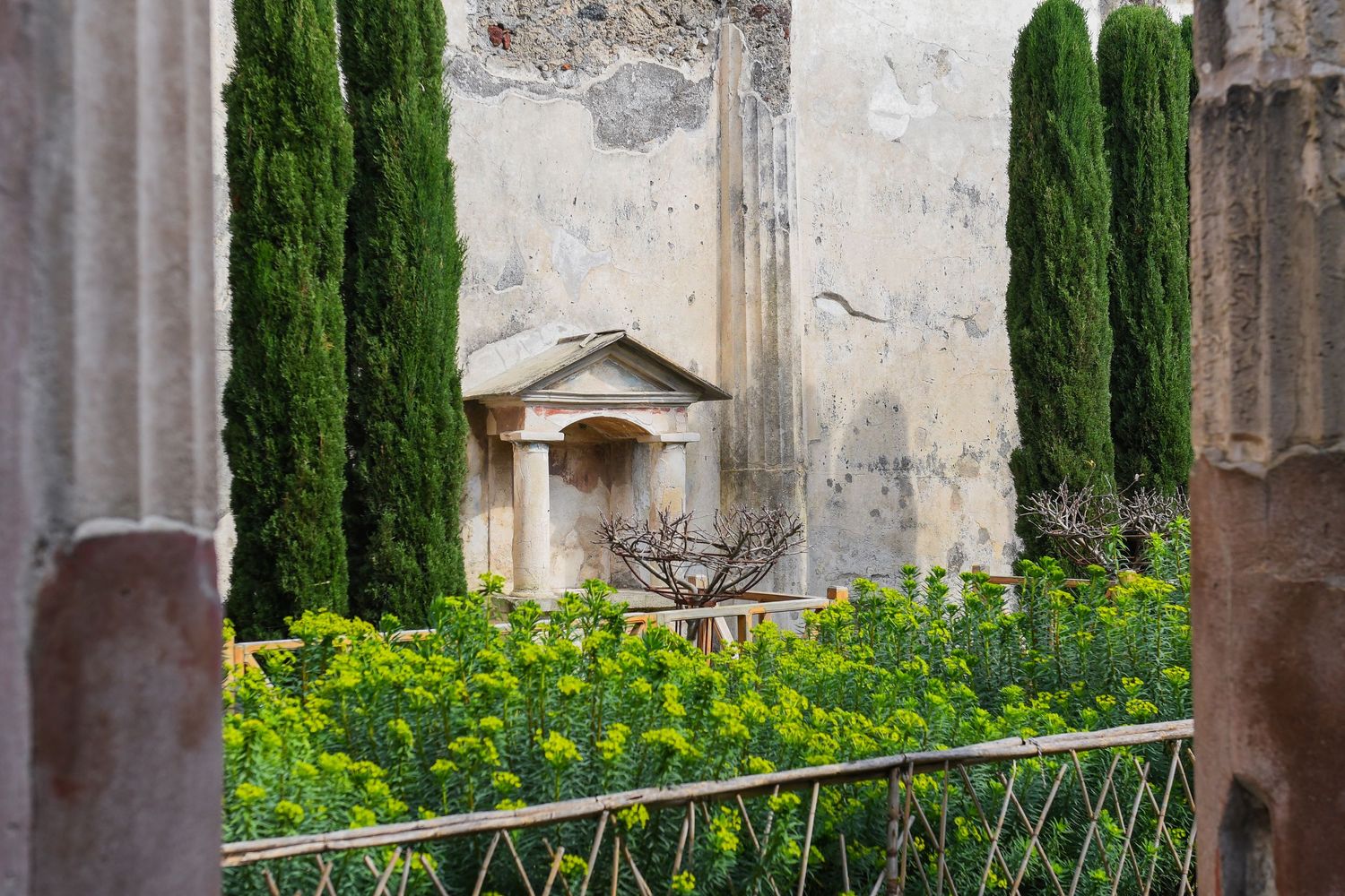 Historic courtyard garden with tall cypress trees and stone columns against weathered walls.