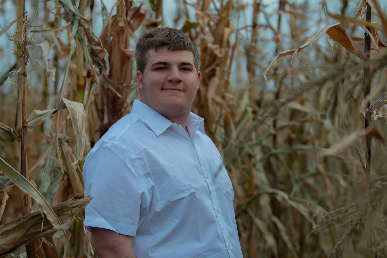A person in a light blue button-down shirt stands smiling in a cornfield on a sunny day.