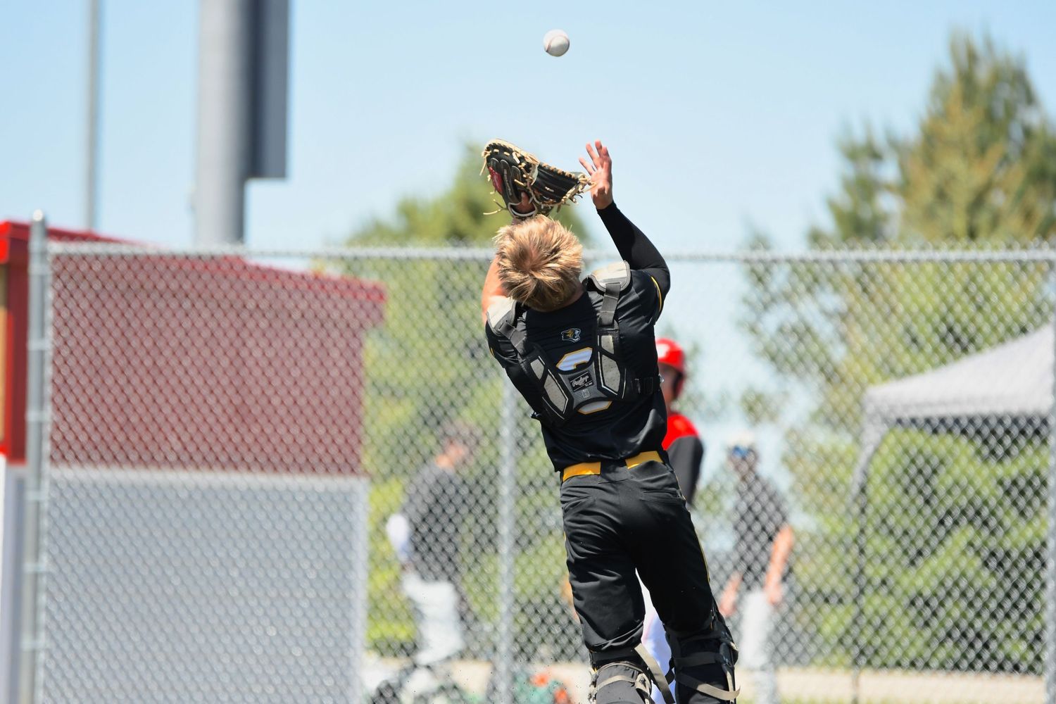 Baseball player in dark uniform leaps to make an athletic play in the outfield.