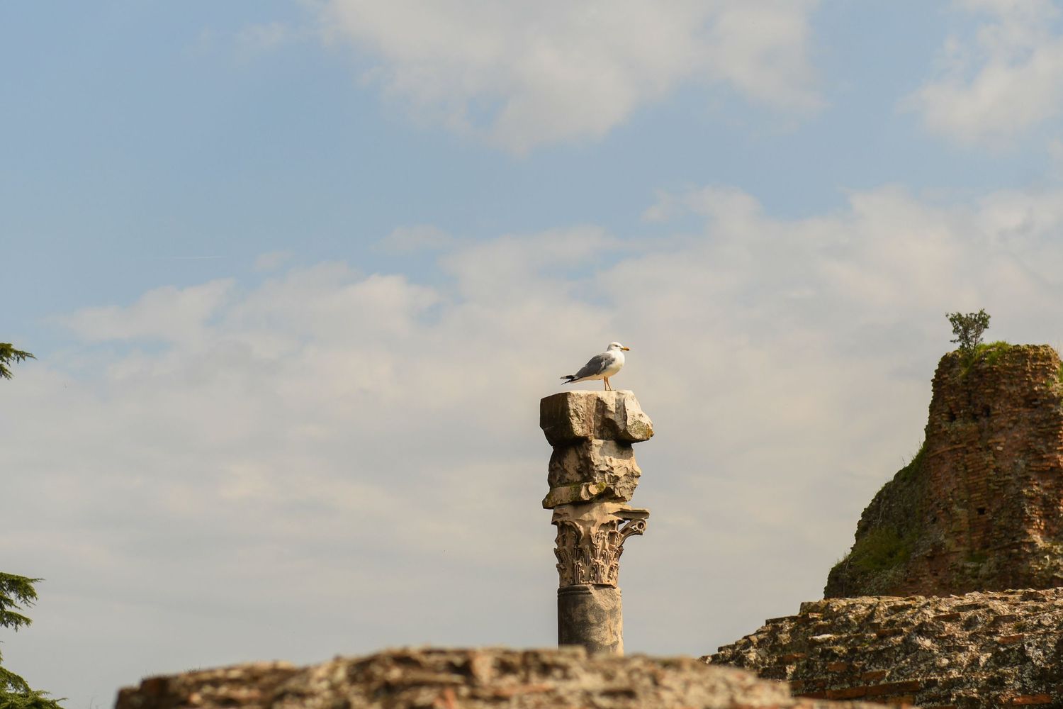 Ancient stone ruins and columns against blue sky with mountain in background.