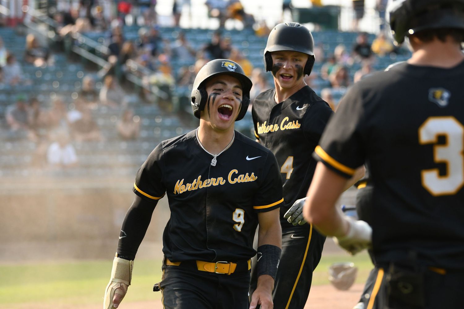 Baseball players in black and gold uniforms celebrate enthusiastically during a game.