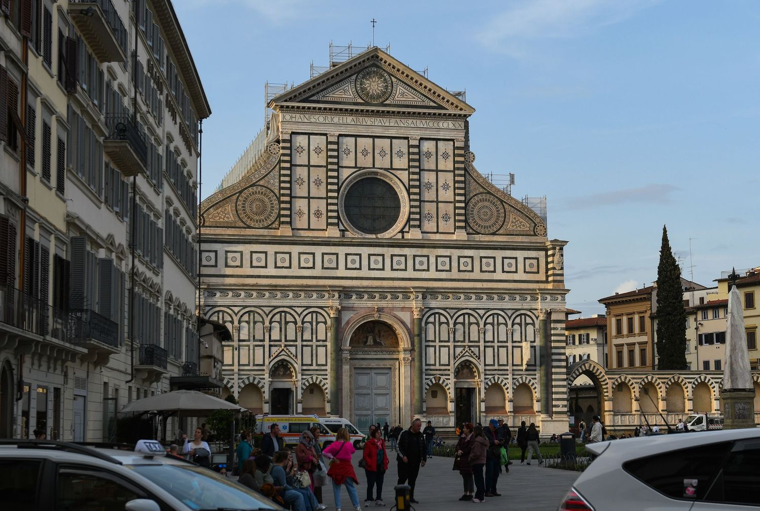 Panoramic view of Santa Maria Novella church facade and square in Florence, Italy.
