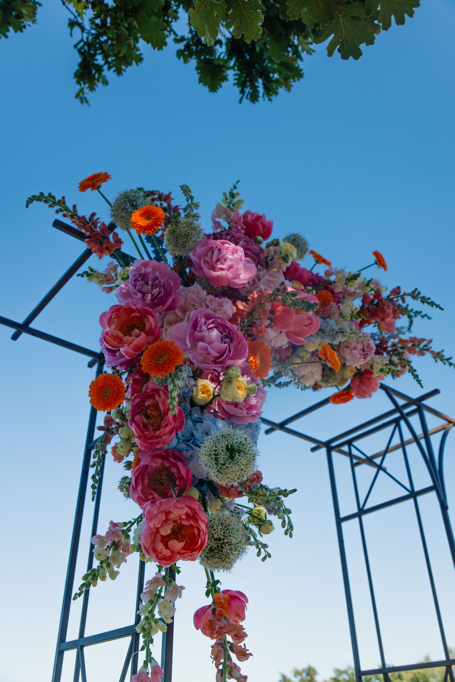 Colorful wedding arch adorned with pink peonies, orange gerberas, and mixed blooms against a blue sky.