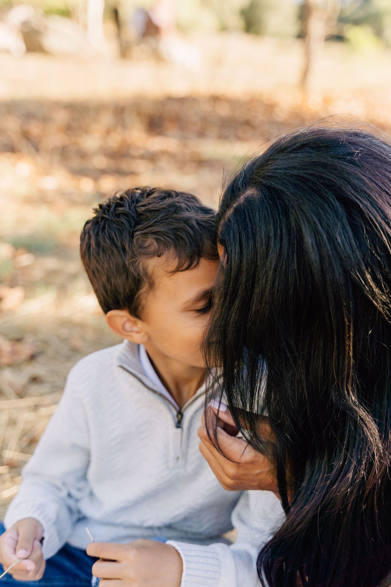 A tender moment captured in a series of four connected photos showing an intimate interaction between two people outdoors.