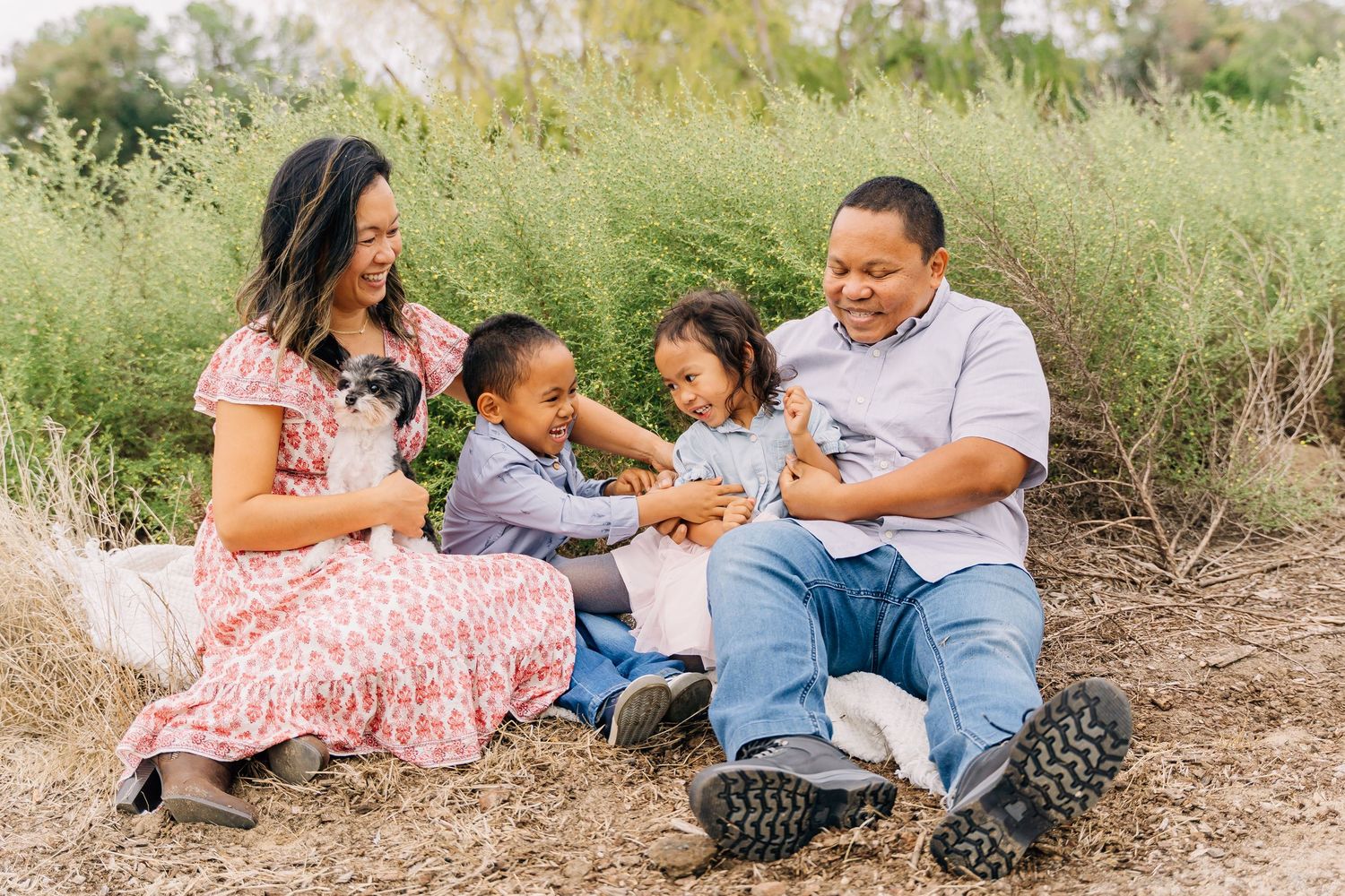 A family sits together outdoors in casual clothing during a golden hour photo session in a natural setting.