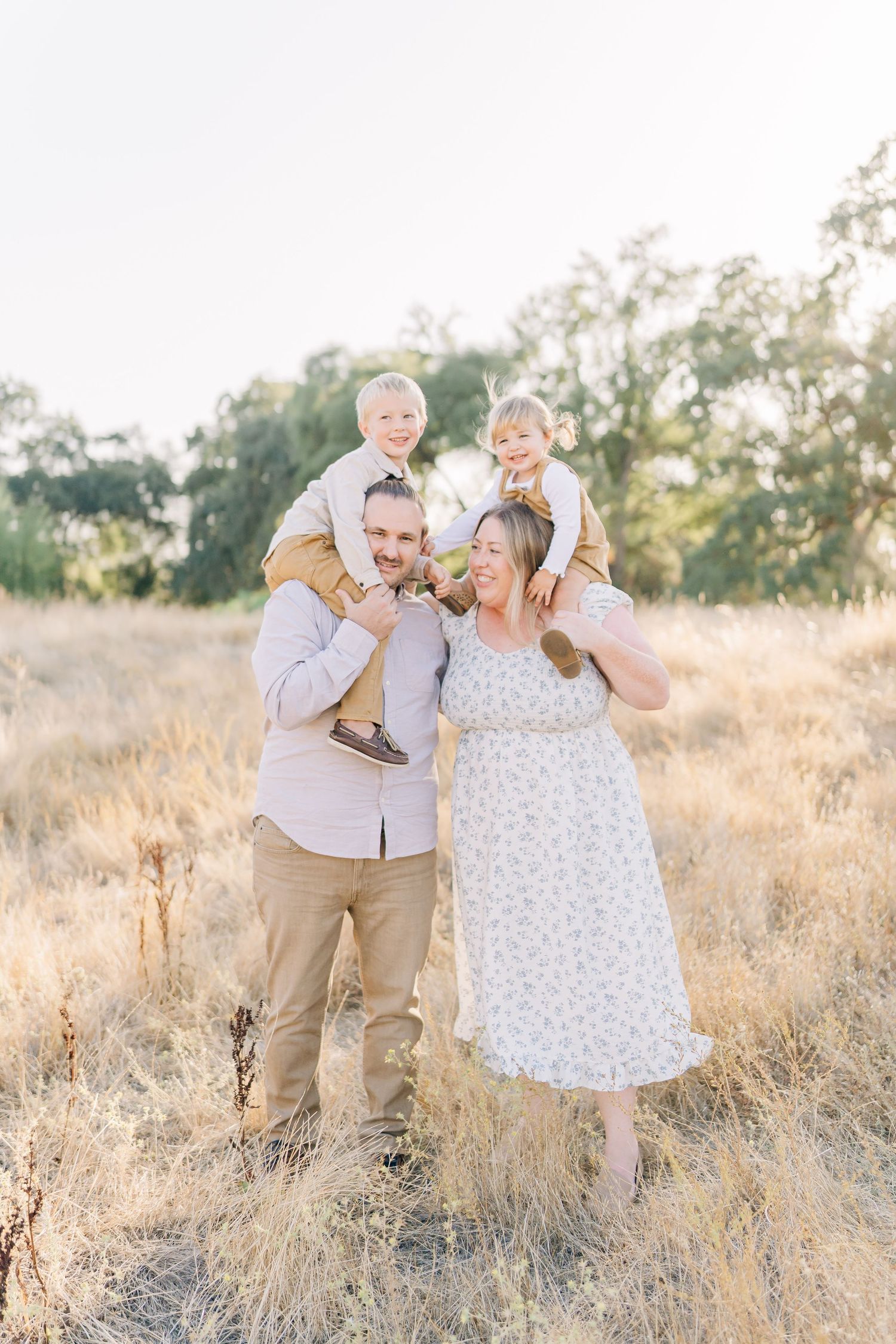 A happy family of four poses in a golden field, with two young children sitting on their parents shoulders.
