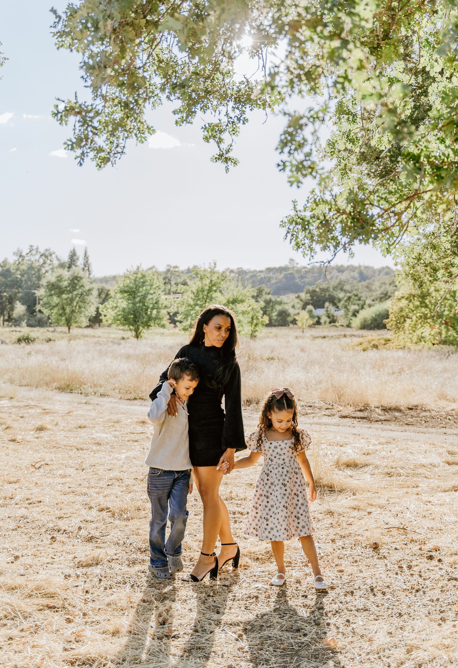 A family plays together under shady trees in a sun-dappled field on a bright afternoon.