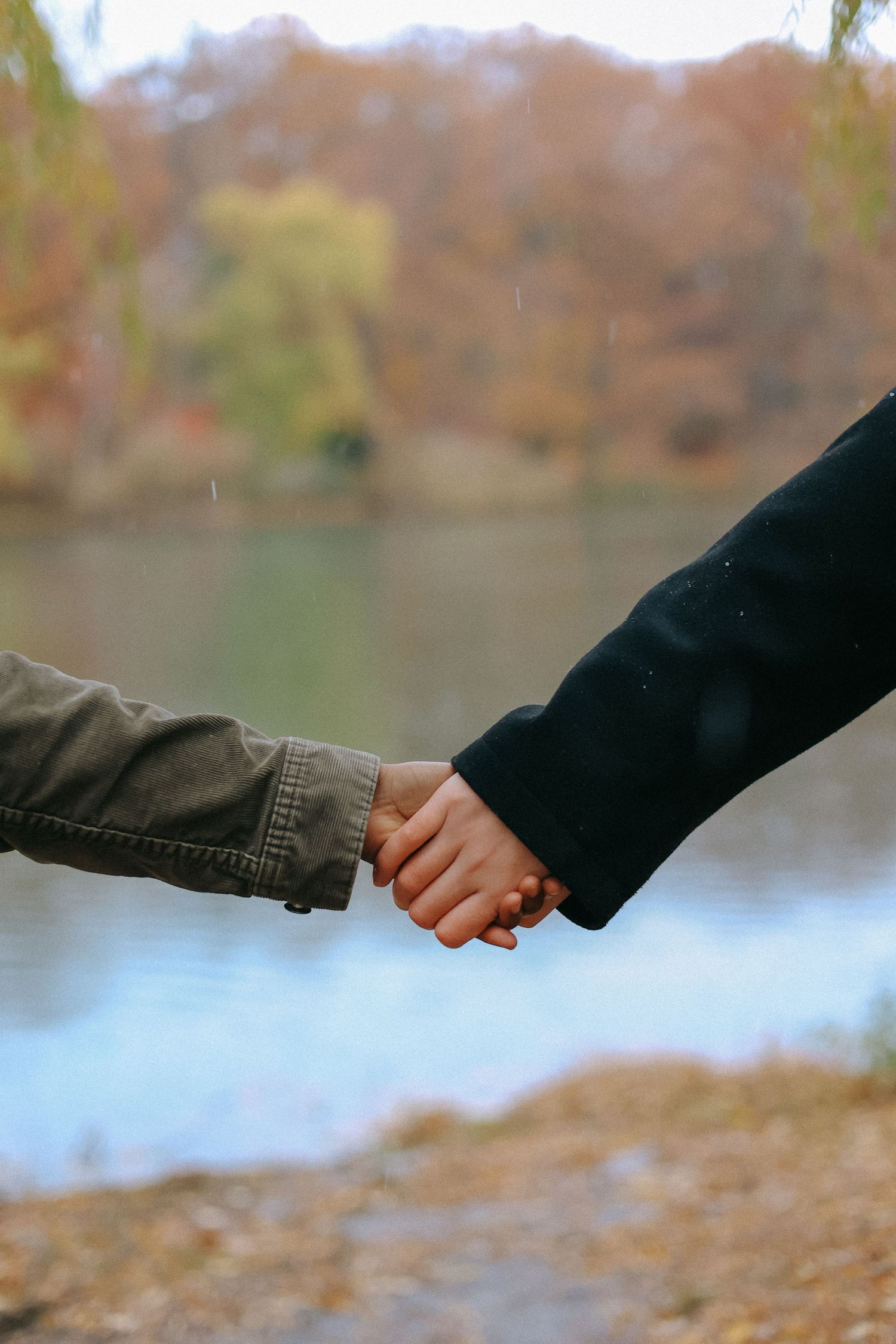 Close-up of an interracial couple holding hands near a lake with colorful autumn trees behind.