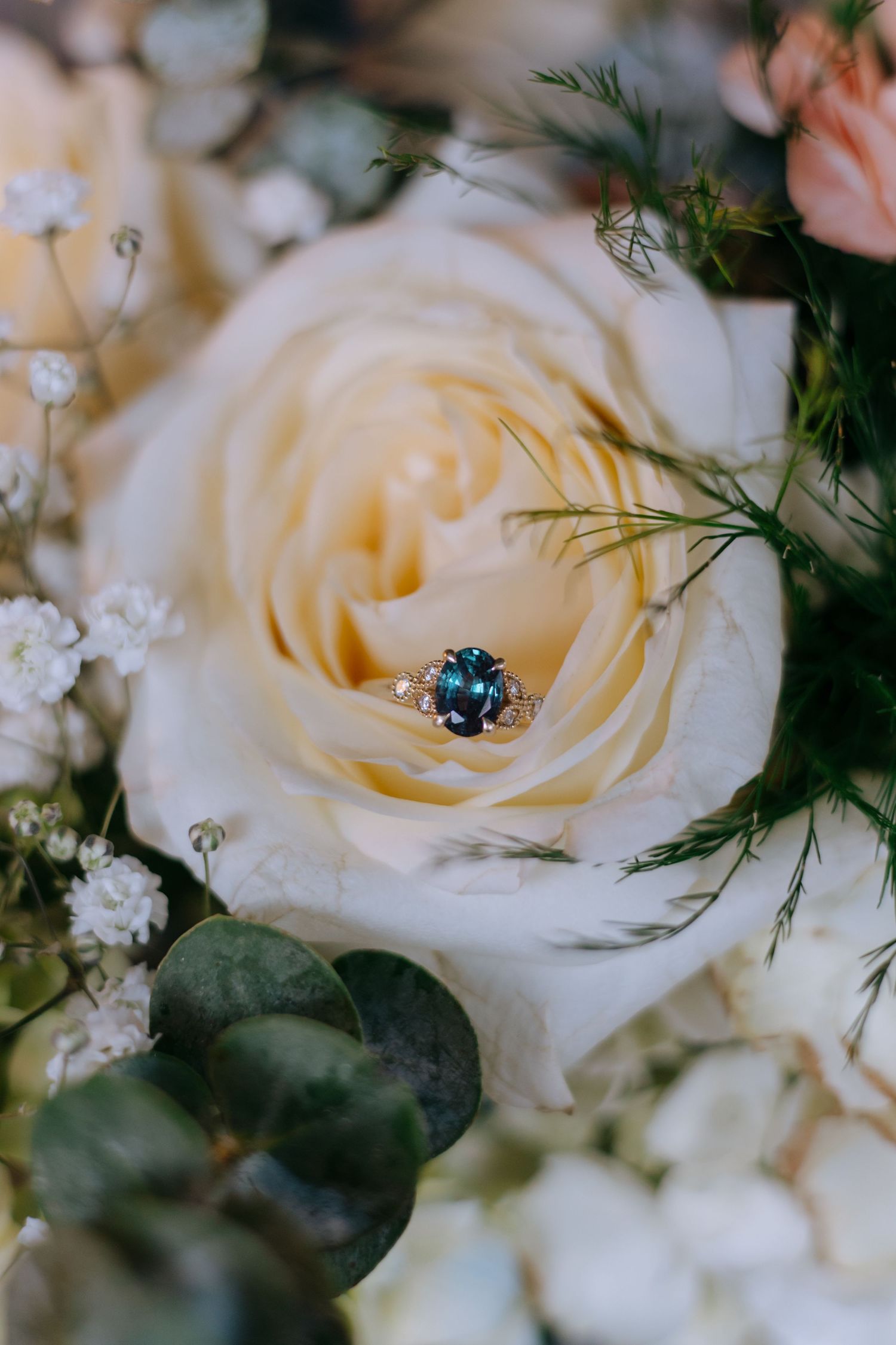 Elegant blue sapphire engagement ring resting inside a cream white rose surrounded by flowers.