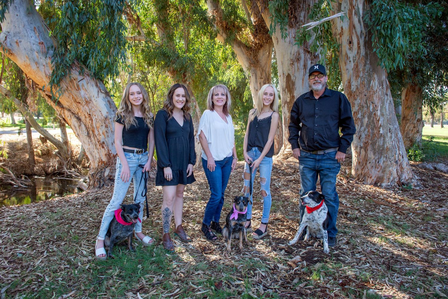 Extended family group portrait under large eucalyptus trees in a park setting.