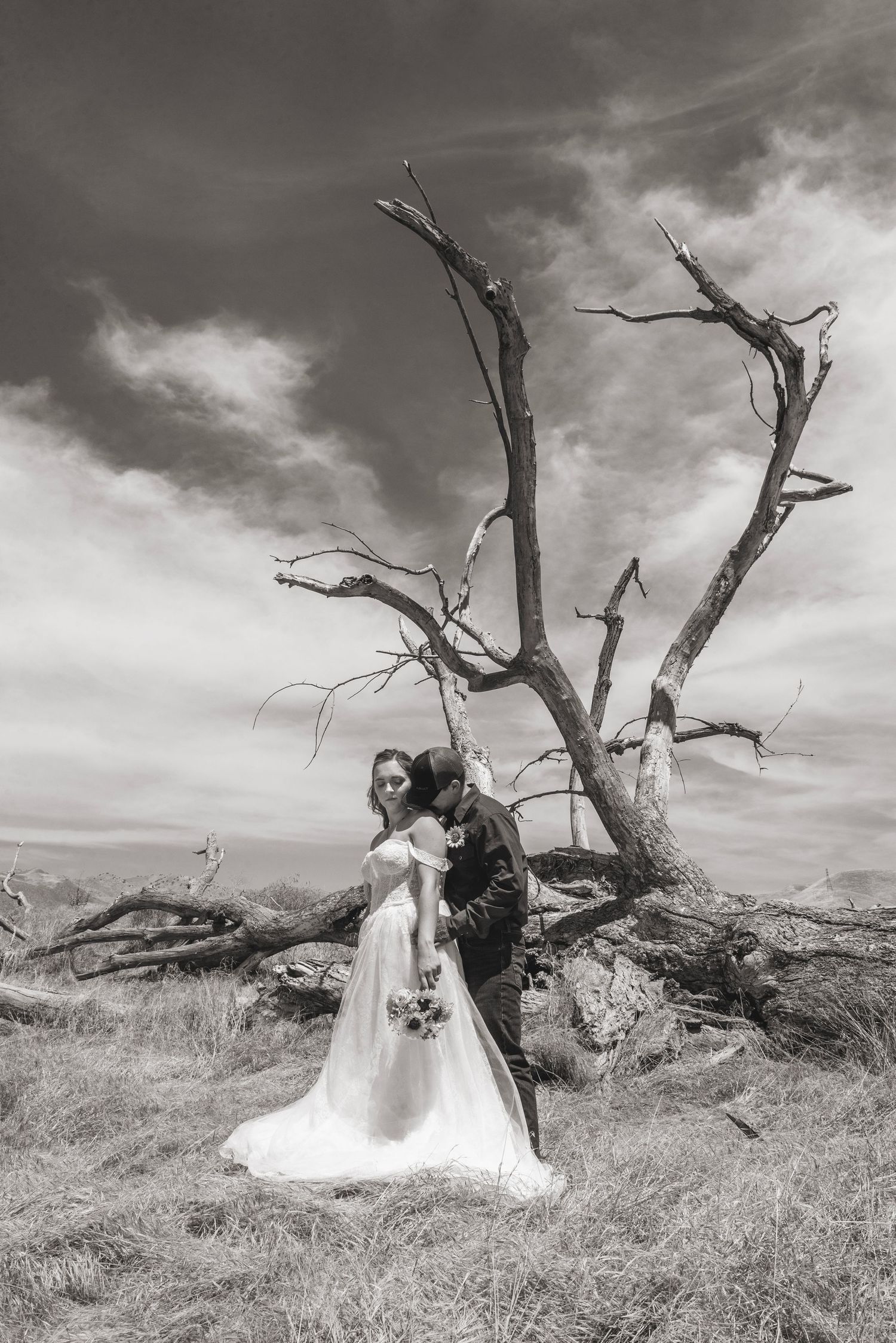 Artistic black and white wedding photo shoot in dramatic landscape with dead tree.