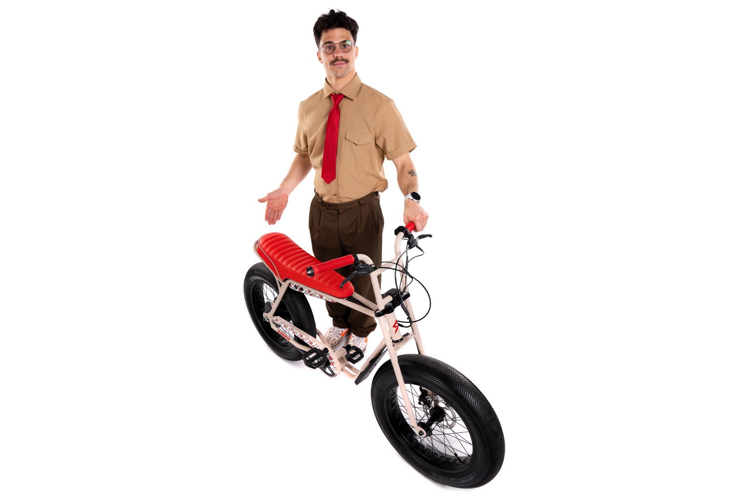 Electric bicycle displayed in studio setting with minimalist design elements.