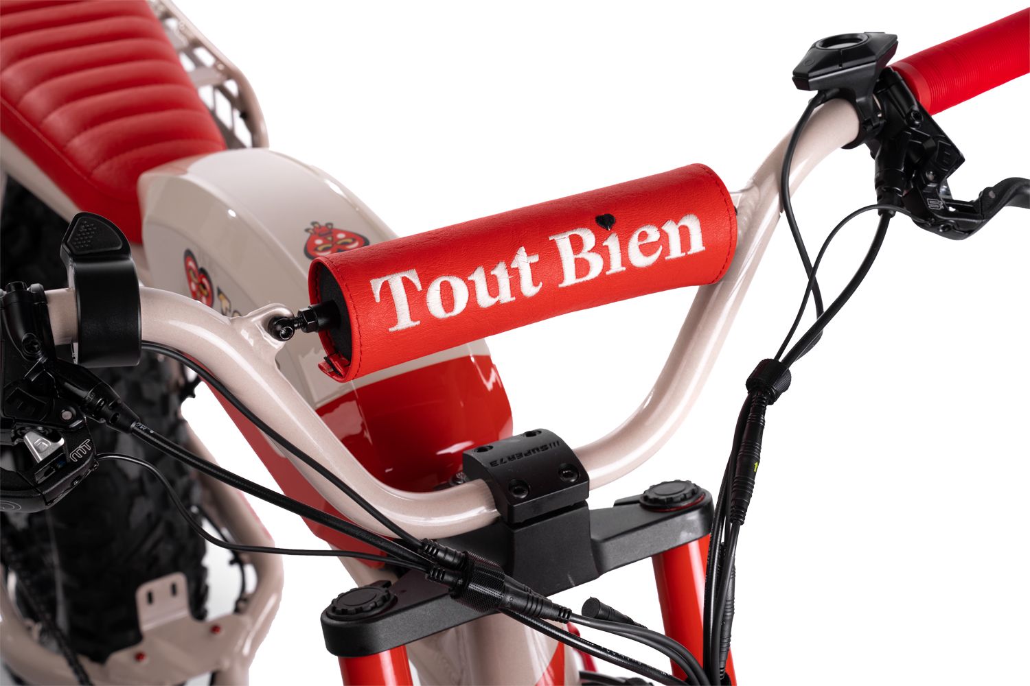 Detail shots of red and white electric bicycle components against white background.