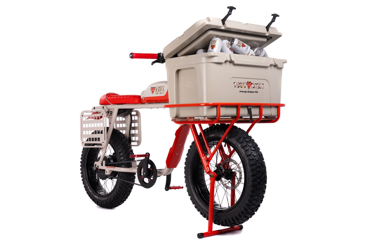Vintage-style electric delivery bike in white and red with large cargo compartment and fat tires.