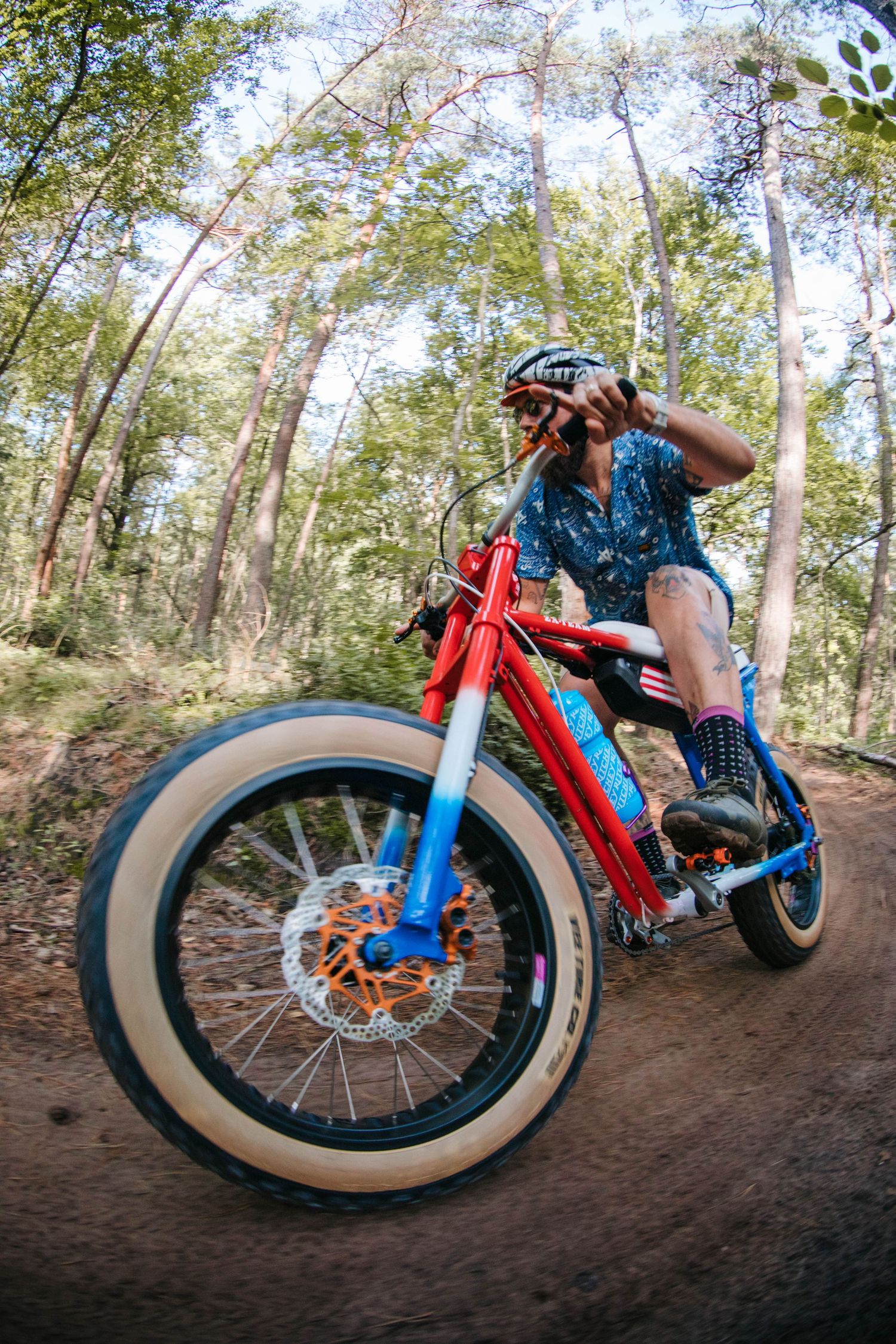 Custom red and blue bicycle with fat tires photographed from multiple angles on a dirt path.