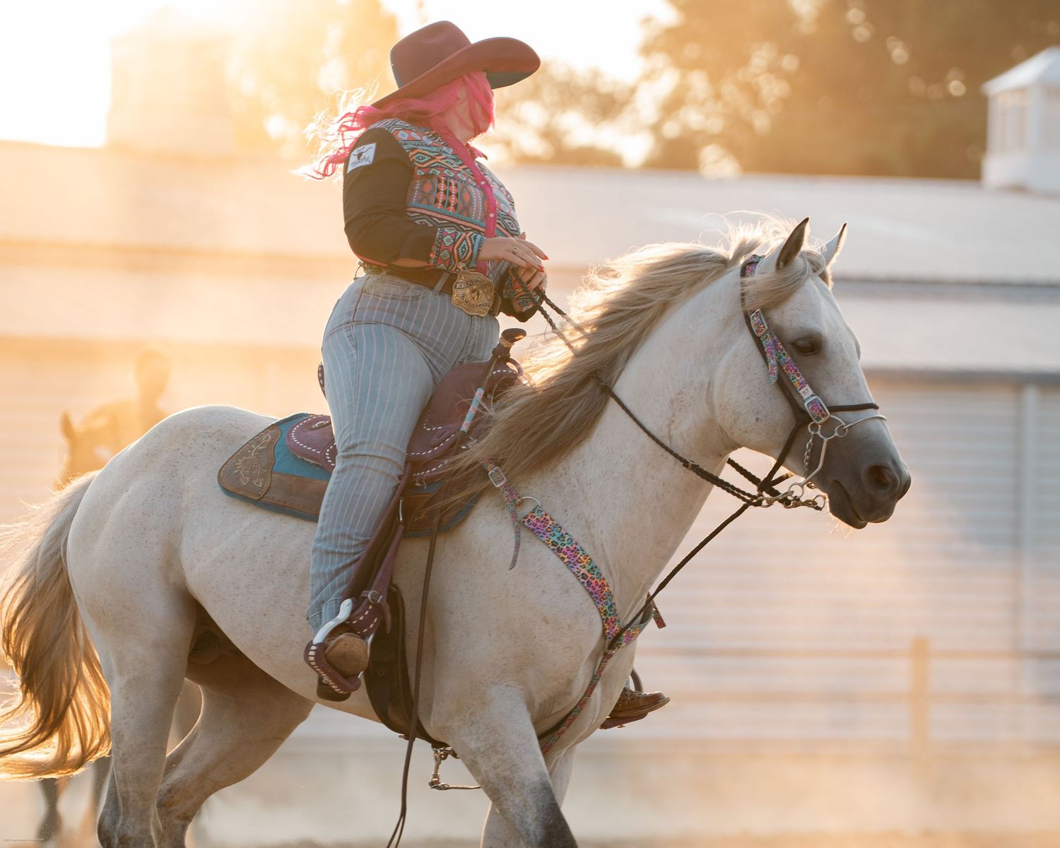 Female on a horse looking off to the side.