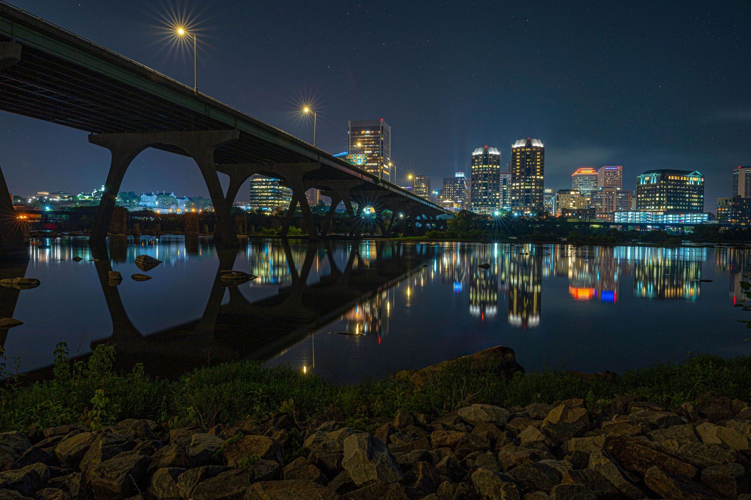 A wide shot of the city of Richmond Virginia from the flood wall.