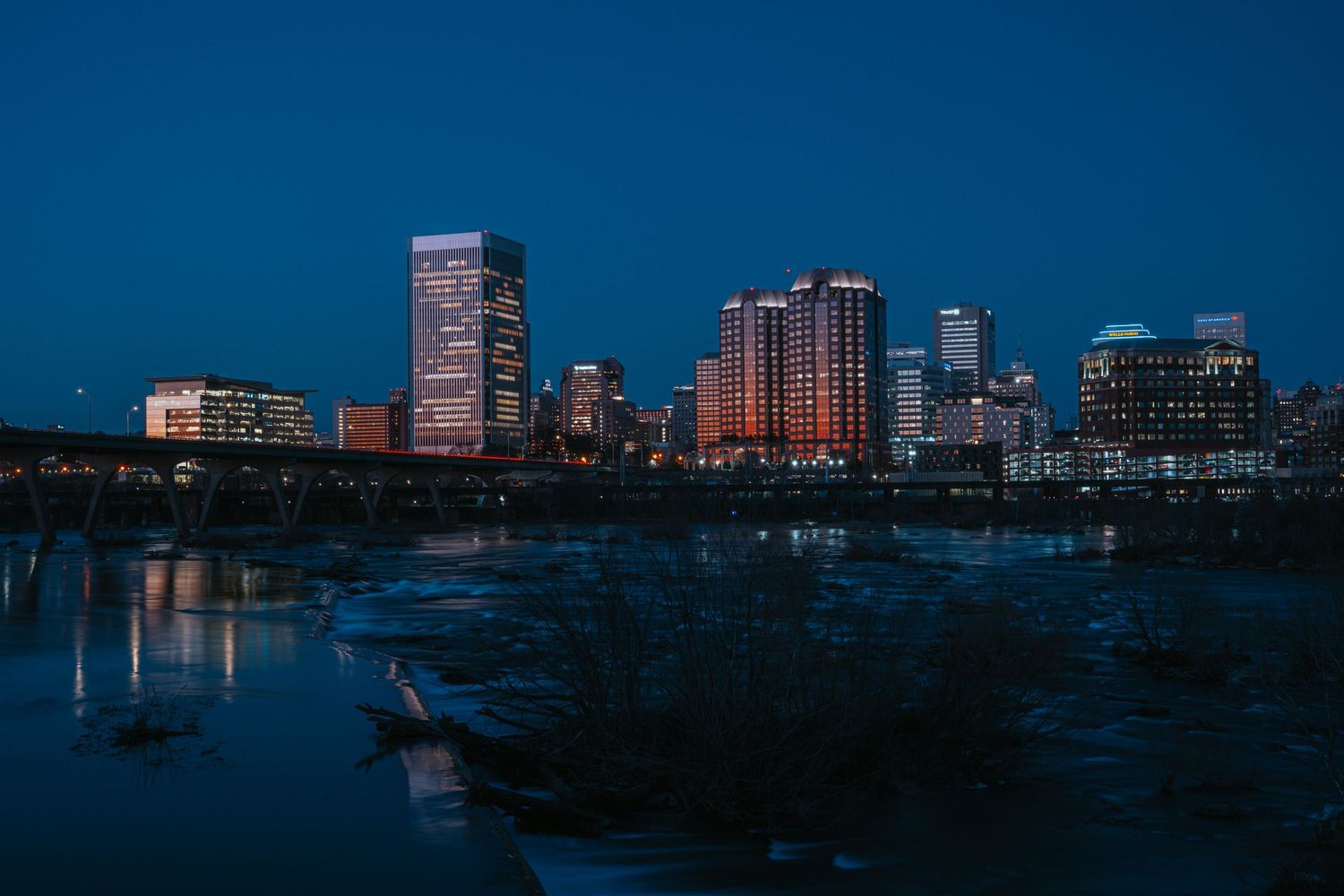A wide shot of the city of Richmond Virginia during blue hour.