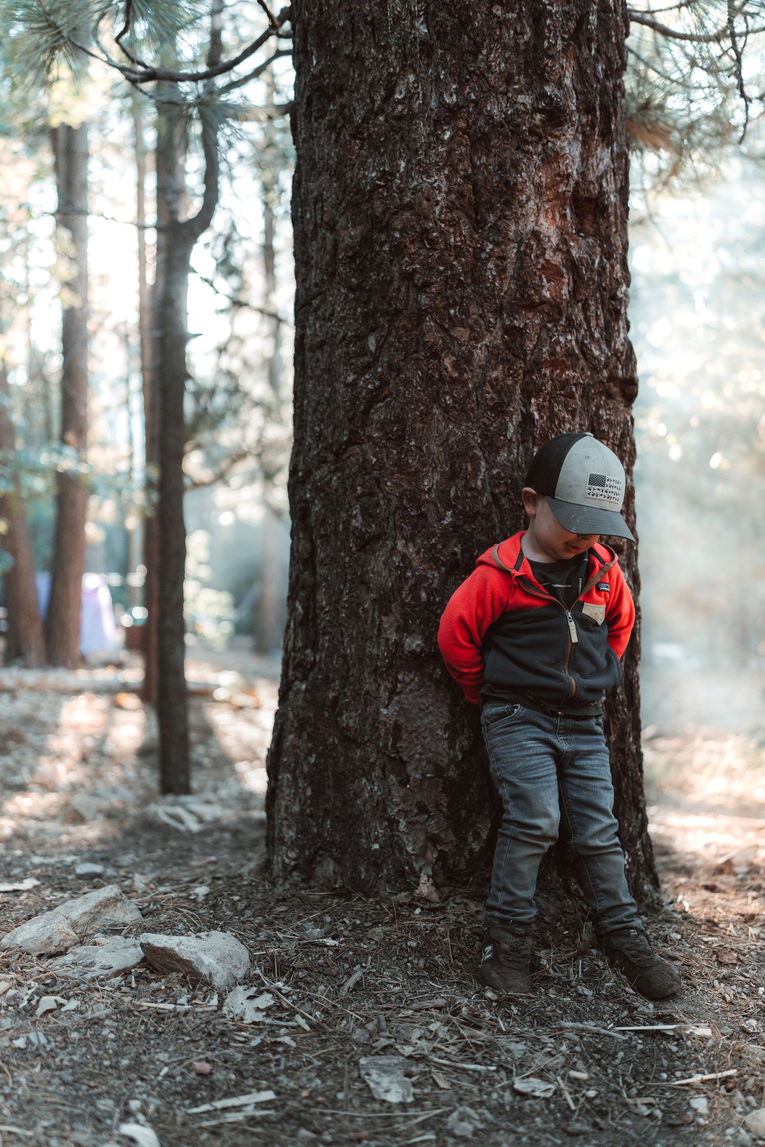 Small figure in red jacket leans against large tree trunk in misty forest setting.