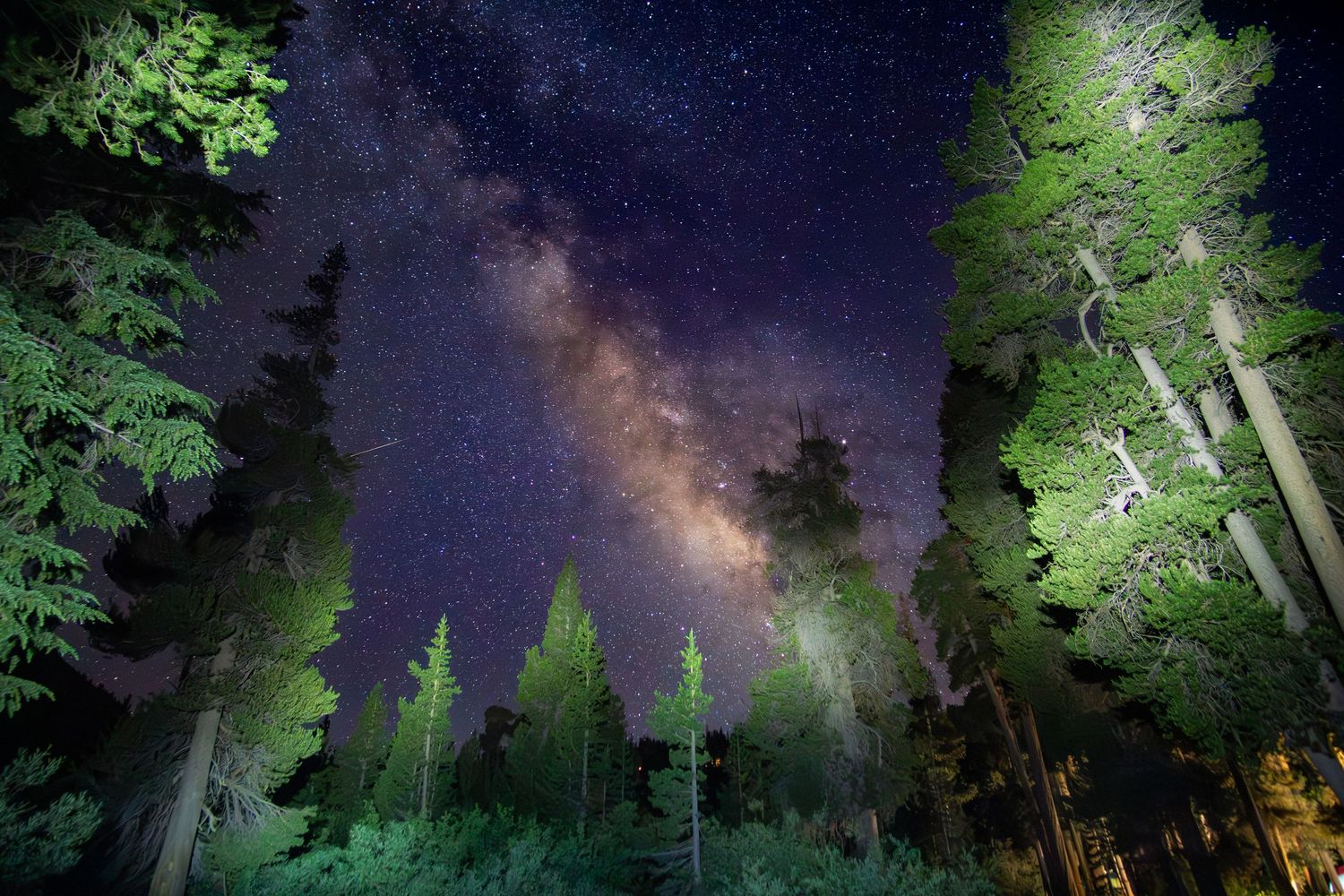 Dramatic wide-angle nature photograph of majestic mountains and stars under a moody sky by Vince Shewmaker.