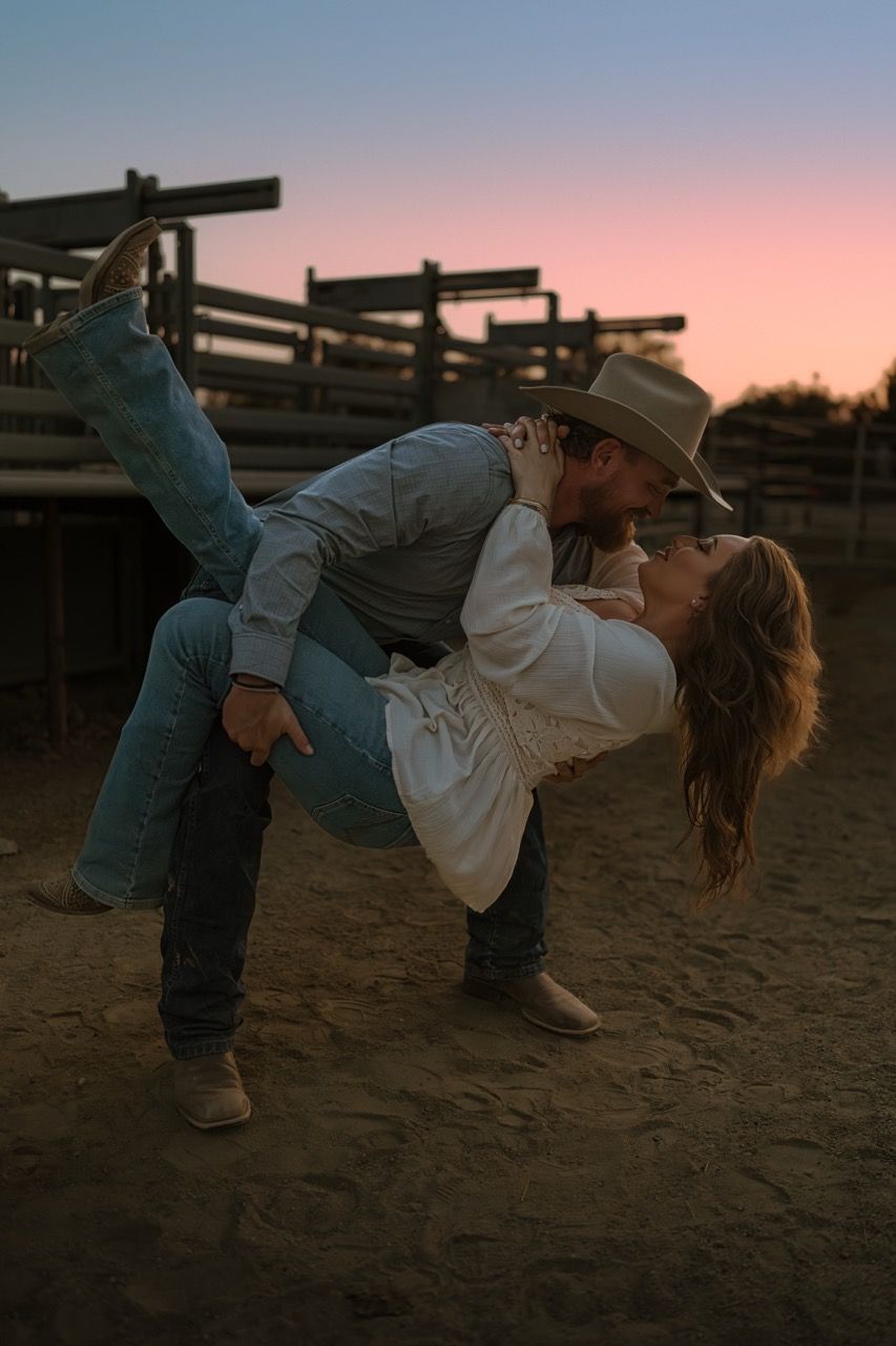 Romantic couple dancing in a rustic setting during sunset.