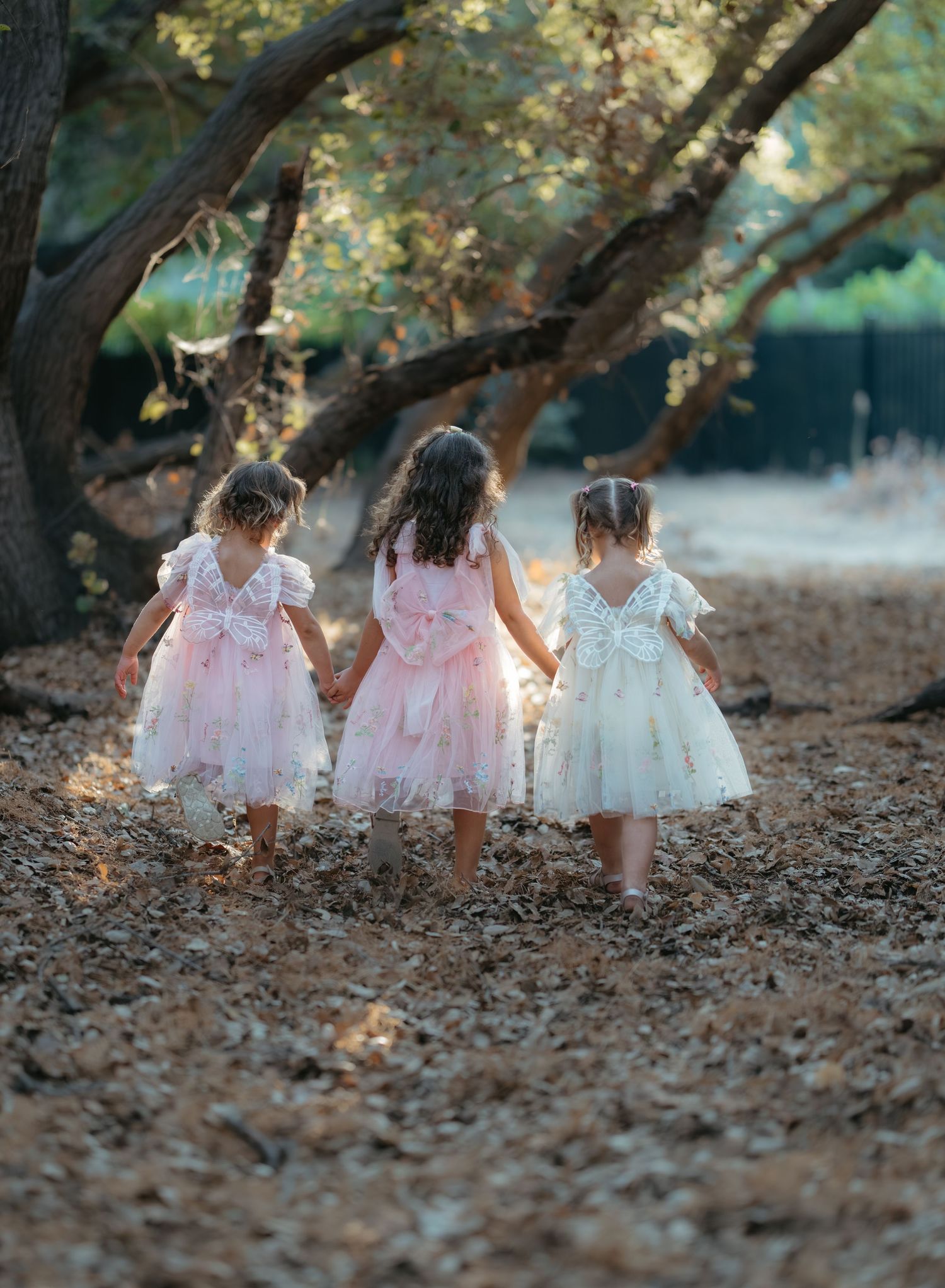 Three children in flowing dresses walk through fallen leaves under tree canopy.