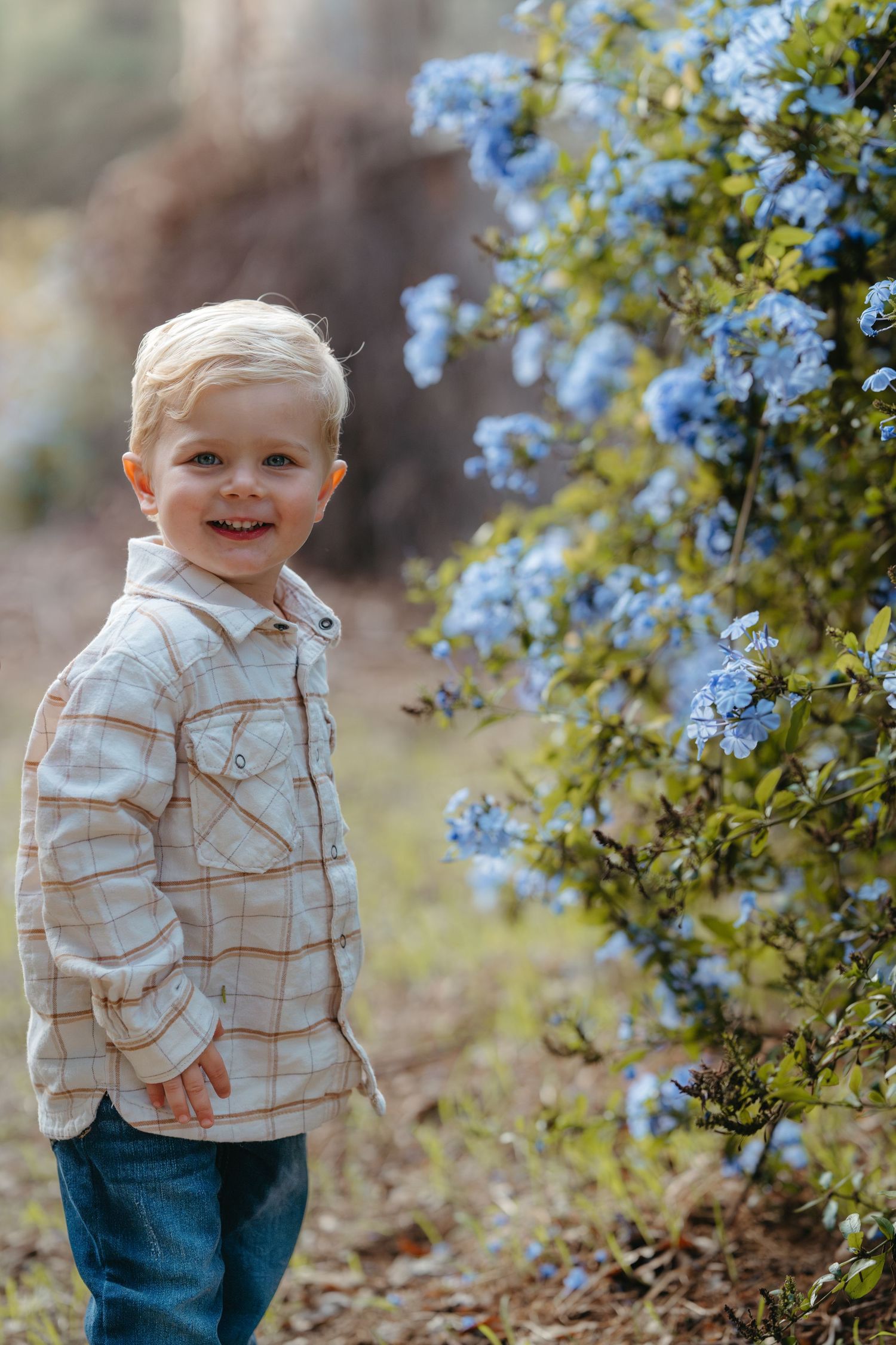 Small child in plaid shirt playing outdoors among spring foliage.