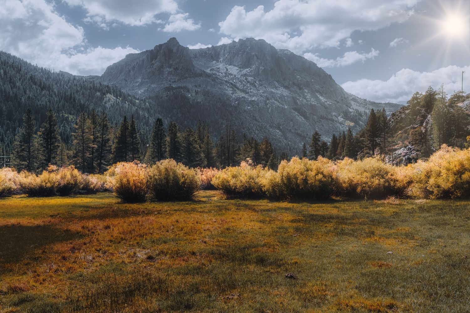 Mountain landscape with golden autumn foliage and snow-capped peaks under cloudy skies.